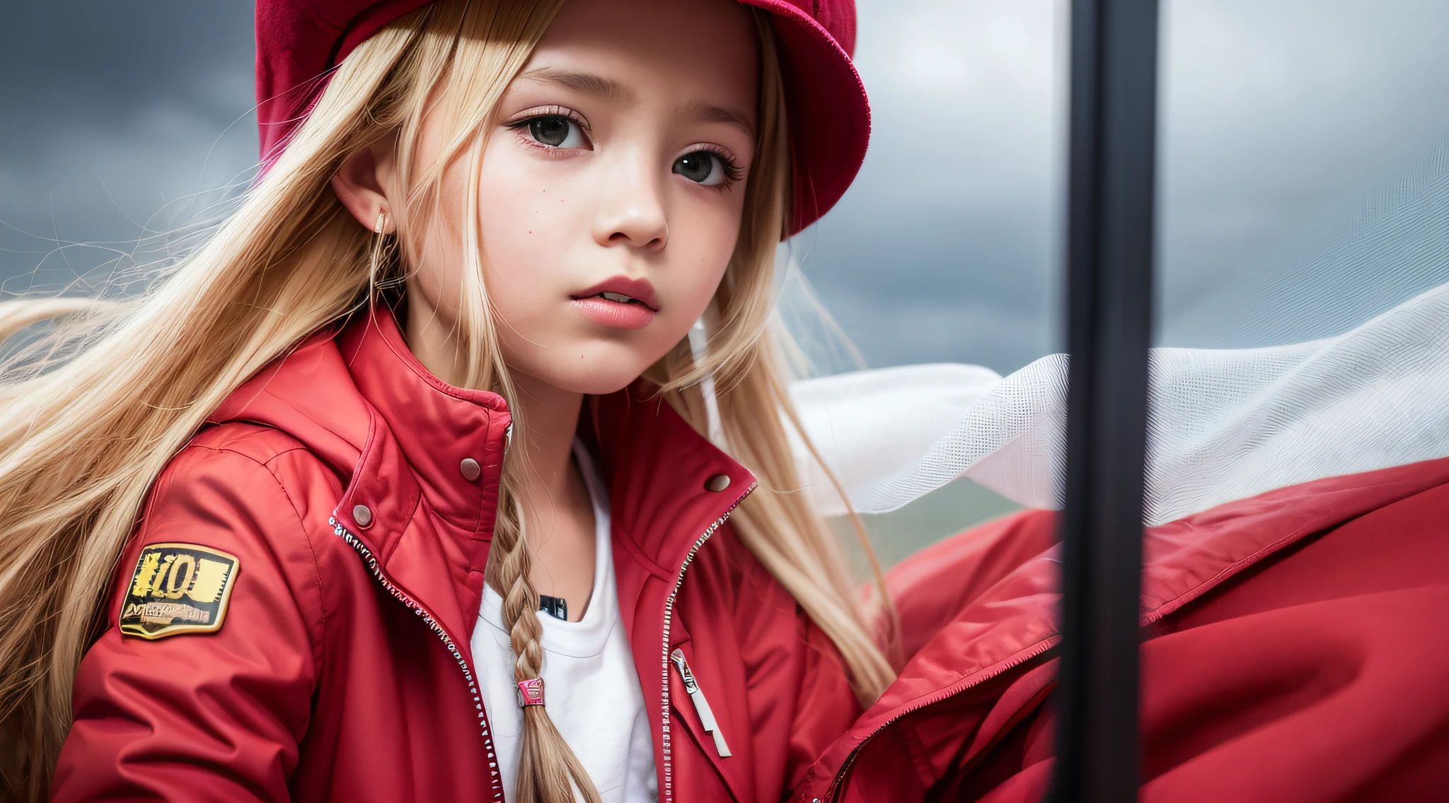Girl child 10 years old, Russian blondie in braids, com roupa de jaqueta de couro vermelha, fundo storm, ride into the storm, thunderbolt red.