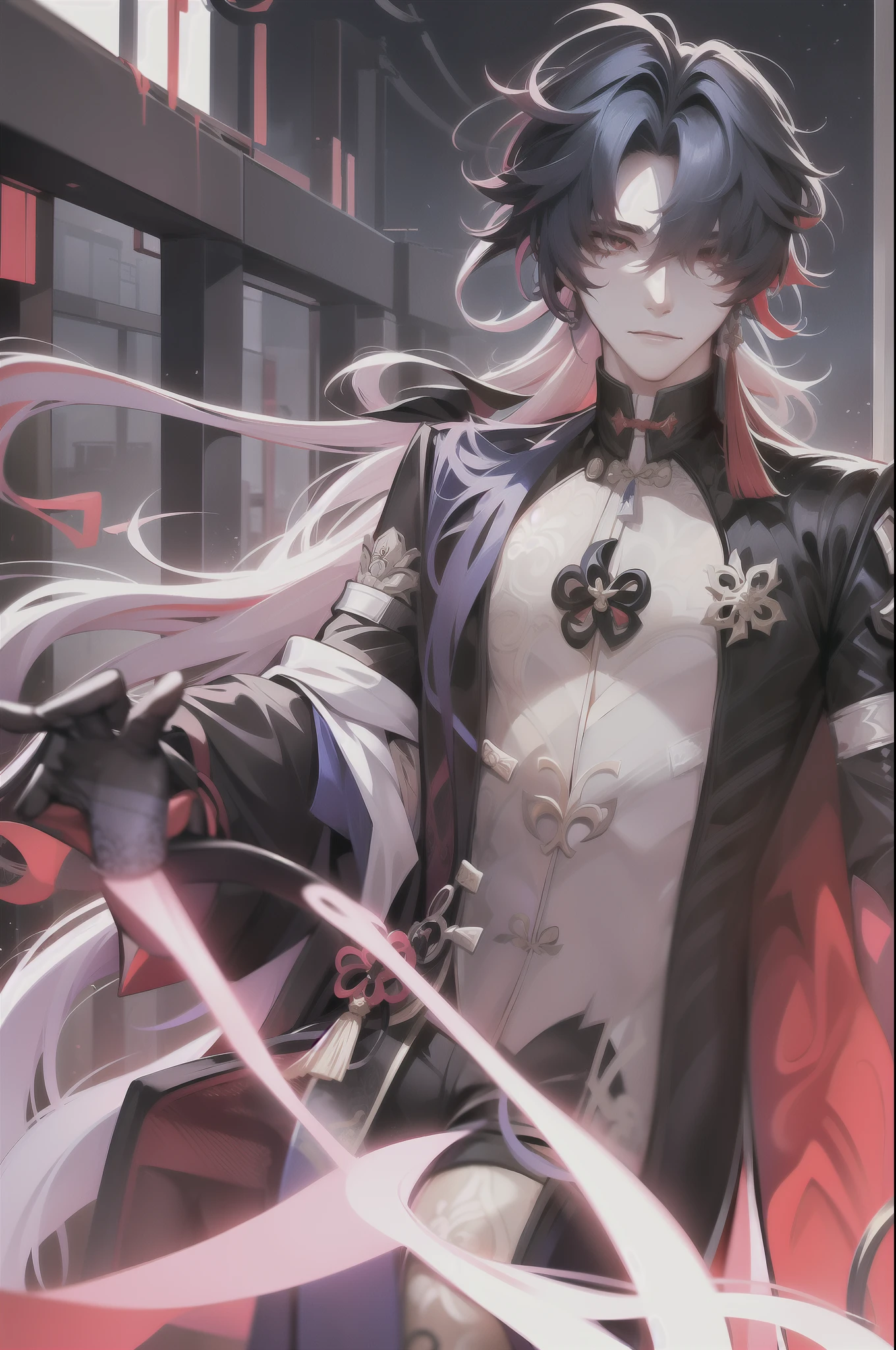 1 handsome young man, Brutal, 独奏, body complet, Full-length, in full height, hairlong, , looking a viewer, blusher, Loving and crazy look, Blade ( Honkai: Star Railway ), The background is dark in Chinese style, macabre