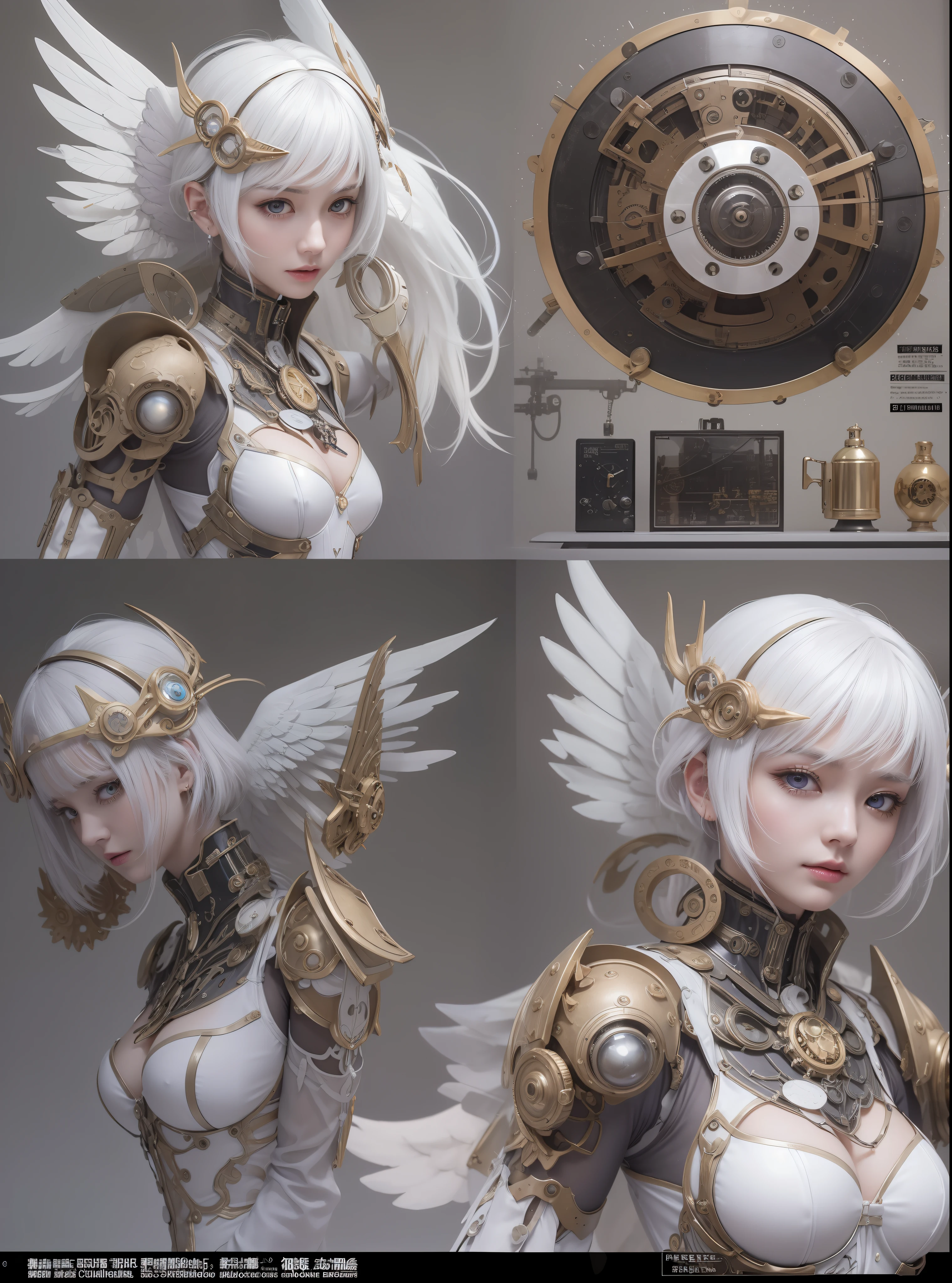 top-quality、masterpiece、超A high resolution、(Photorealsitic:1.4)、Raw photo、Steampunk Battle Cyborg Angel、large wings made of metal、White porcelain body、Acrylic Clear Cover、white hair、glowy skin、1 steampunk cyborg girl、((super realistic details))、portlate、globalillumination、Shadow、octan render、8K、ultrasharp、character edge light, Colossal tits、Raw skin is exposed in cleavage、Details of complex ornaments、Details of the steam engine、Hydraulic cylinder、Small LED lamp、highly intricate detail、Realistic light、a purple eye、radiant eyes、Facing the camera、neon details、cowboy shot、Futuristic headgear、About steampunk、、
