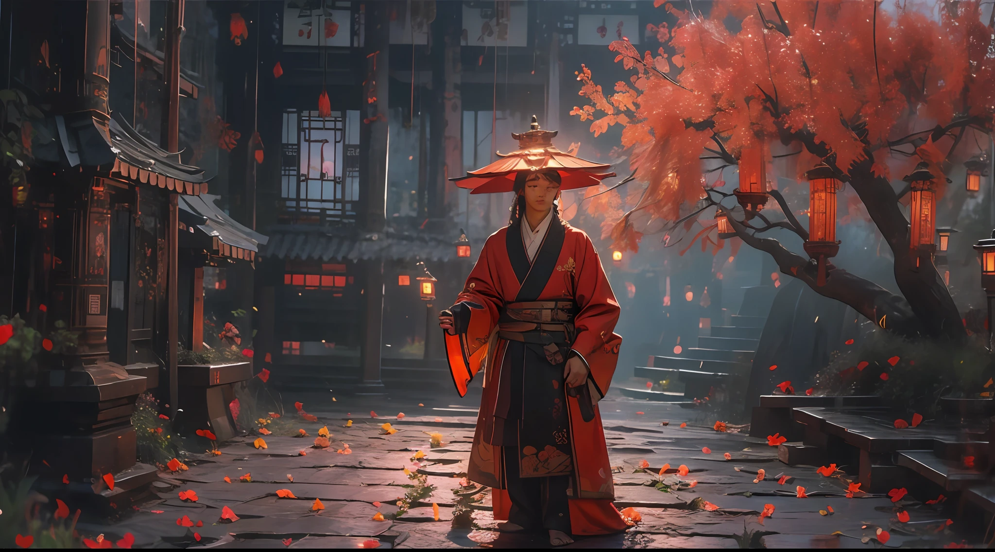 （tmasterpiece：1.2），best qualtiy，realisticlying，Tyndall effect，Underworld marriage，Spooky atmosphere，natta，Red palace lamp， The tree， scenecy， exteriors， "Young, Handsome and beautiful aristocratic couple traveling in the underworld，Detailed eyes，Clear facial features"，Japanese clothes， east asian architecture， buliding， Skysky， nigh sky， stairways，amaryllis