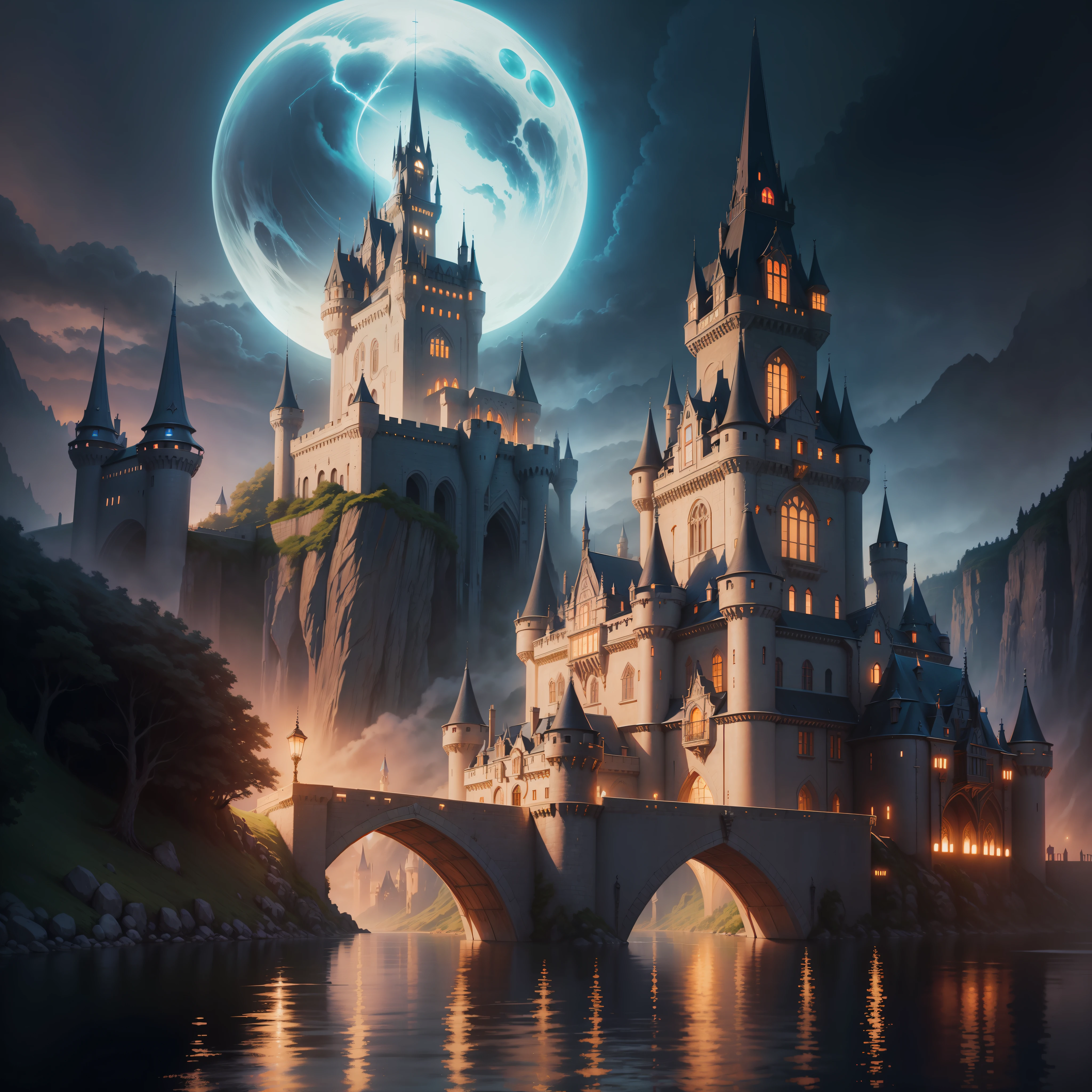 anime castle by the river at night with a bridge and a castle, a matte painting inspired by the Brothers Hildebrandt, trending on Artstation, fantasy art, fantasy castle, magical castle, high fantasy castle, detailed fantasy digital art, 4k highly detailed digital art, scarry castle)). mystical, beautiful castle, fantasy art style, fantasy highly detailed