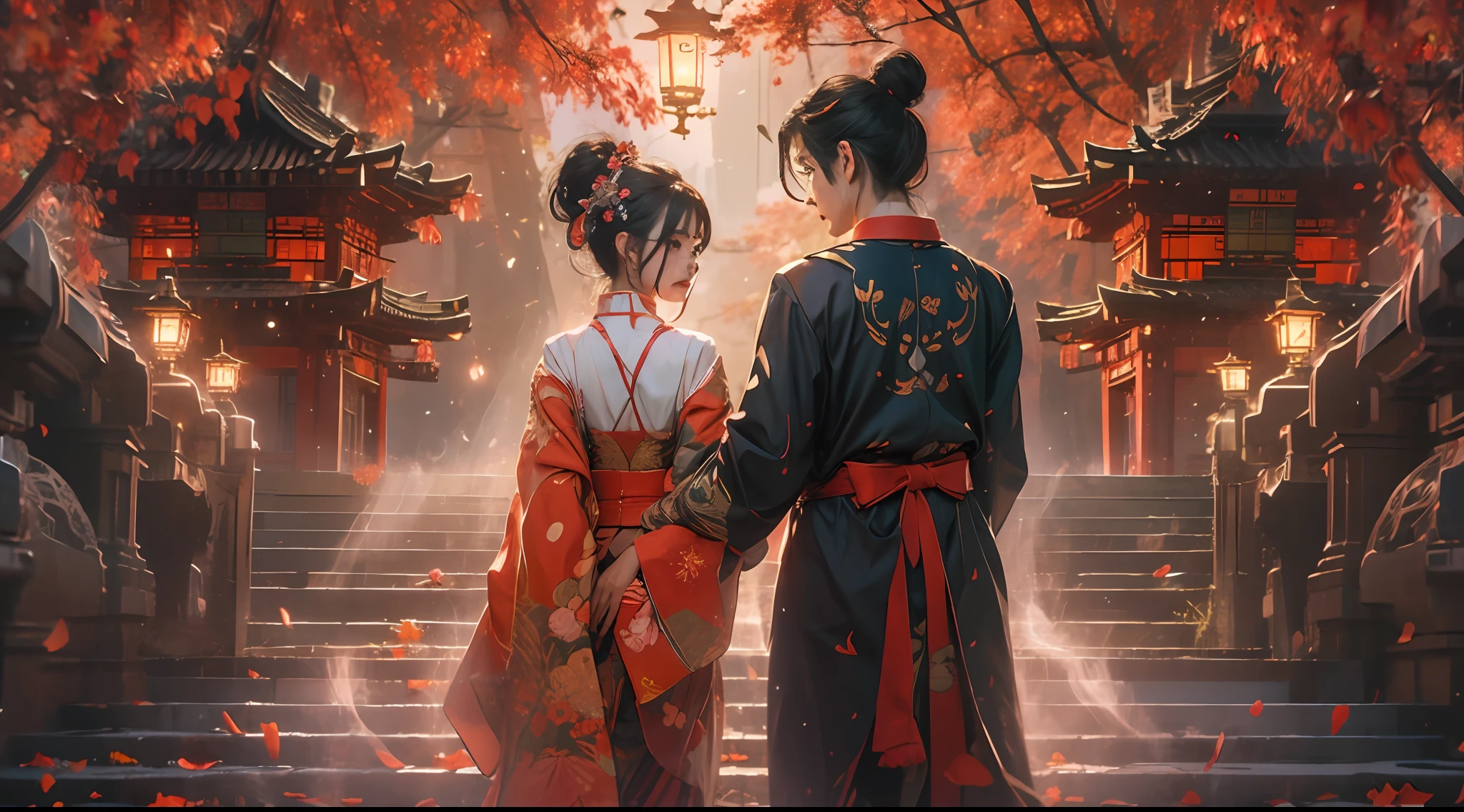 （tmasterpiece：1.2），best qualtiy，realisticlying，Tyndall effect，Underworld marriage，Spooky atmosphere，natta，Red palace lamp， The tree， scenecy， exteriors， "Young, Handsome and beautiful aristocratic couple traveling in the underworld，Detailed eyes，Clear facial features"，Japanese clothes， east asian architecture， buliding， Skysky， nigh sky， stairways，amaryllis