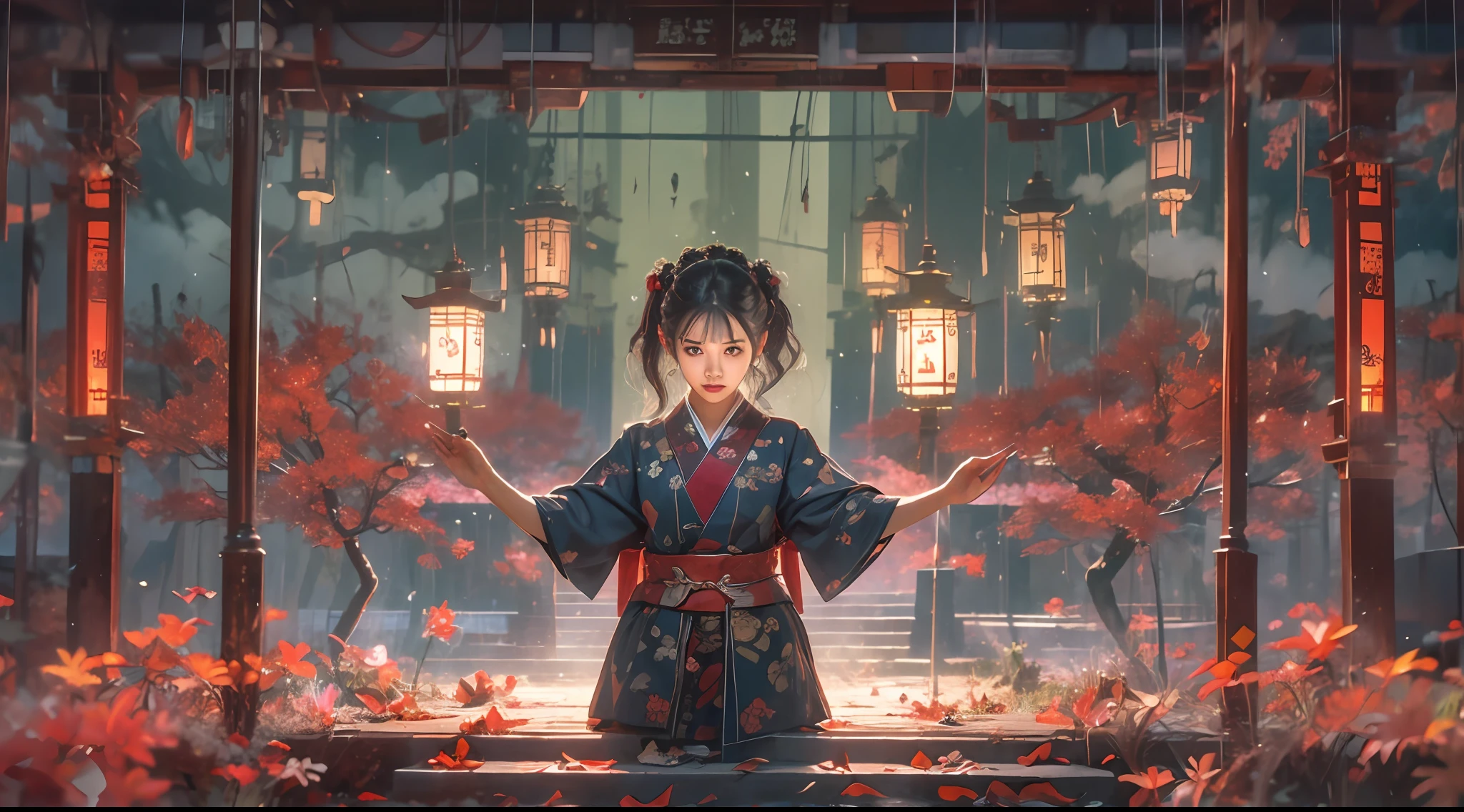 （tmasterpiece：1.2），best qualtiy，realisticlying，Tyndall effect，Underworld marriage，Spooky atmosphere，natta，Red palace lamp， The tree， scenecy， exteriors， "Young, Handsome and beautiful aristocratic couple traveling in the underworld，Detailed eyes，Clear facial features"，Japanese clothes， east asian architecture， buliding， Skysky， nigh sky， stairways，amaryllis