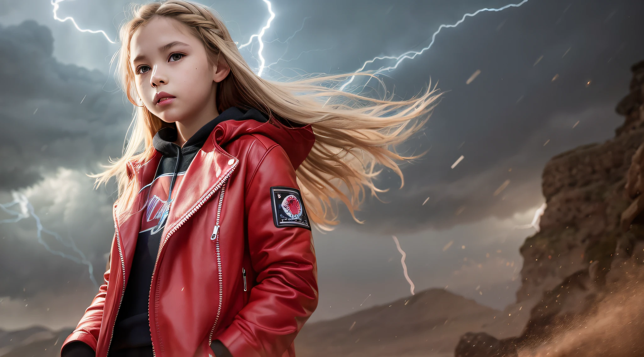 Girl child 10 years old, Russian blondie in braids, com roupa de jaqueta de couro vermelha, fundo storm, ride into the storm, thunderbolt red.