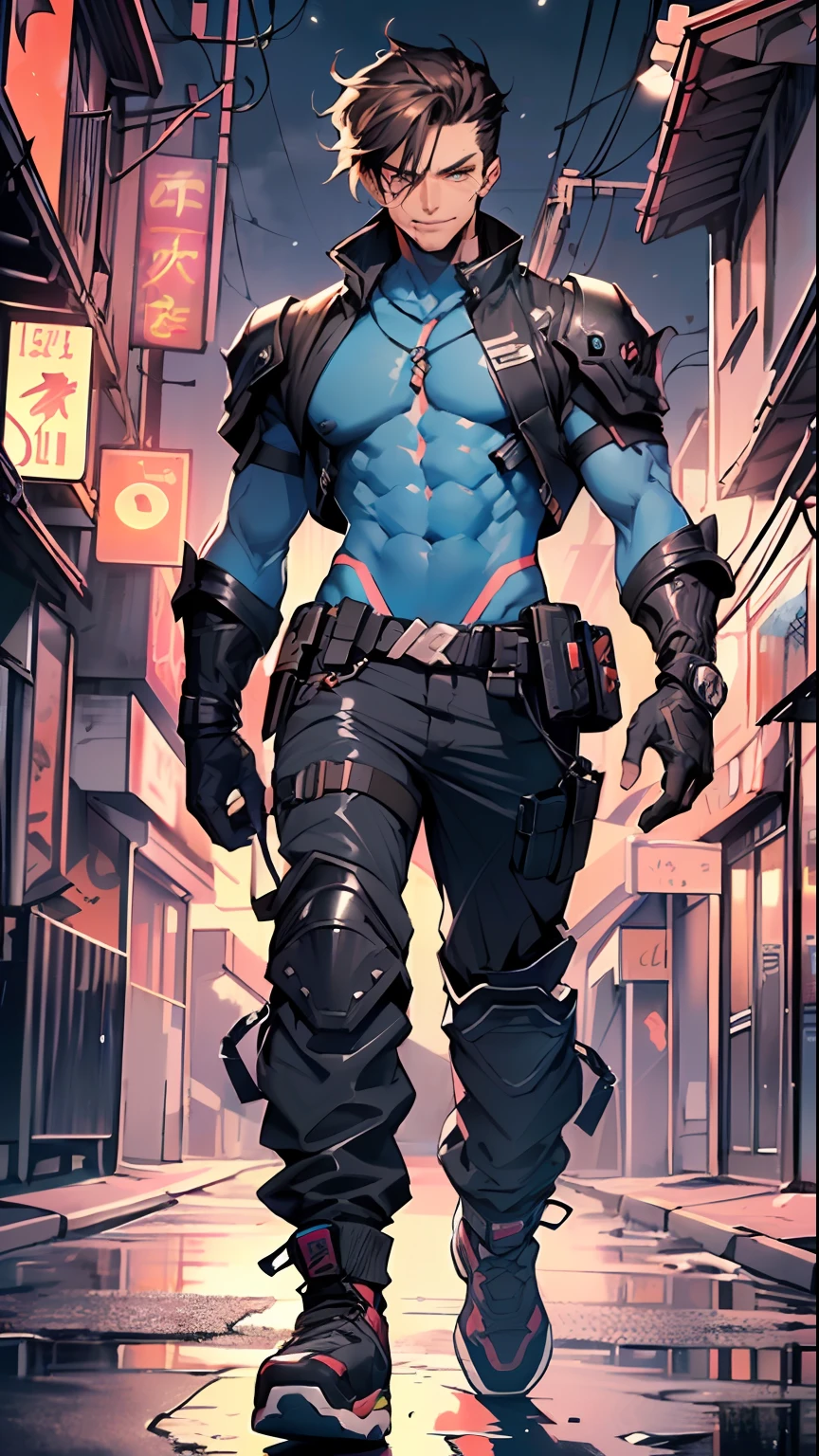 bounty hunter man,(((1man))),((anime man walking down the street)),

(((1male,man,handsome man,male,male gender,male focus))),

((medium black hair, disheveled hair, two tone hair)),(((lustrous skin:1.5,tanned skin,bright skin: 1.5,skin tanned,shiny skin,very shiny skin,shiny body))),((detailed eyes,perfect eyes,rainbow glows ultra-detailed orange brown eyes:1.1,gradient eyes:1,finely detailed beautiful eyes:1,symmetrical eyes:1,big highlight on eyes:1.2)),man chest,handsome face,((muscular,hairy body,muscular man)),((hand consists of a short thumb and four fingers,a hand with only five fingers,reference to the hand)),

alluring look,nsfw,

bounty hunter pants,((bulge in pants)),((bounty hunteroutfit)),(wearing a bounty hunter outfit:1.3,bounty hunter clothes),(detailed outfit,detailed clothes),

(dynamic pose:1.0),solo focus,((evil smile,evil look)),centered,scale to fit dimensions,Rule of thirds,

outdoors, ((night view)), (cyberpunk night street Background: 1.5,dark sky,alleyway,lonely alley,thick clouds, detailed background:1.25),

(best quality), (high resolution), (sharp focus), (ultra detailed), (extremely detailed), (extremely high quality artwork), 8k_wallpaper, (extremely detailed CG 8k),(very fine 8K CG), ((hyper super ultra detailed perfect piece)), flawless, (((masterpiece))), illustration, vibrant colors,  (intricate), High contrast, Selective lighting, Double exposure, HDR (High Dynamic Range), Post-processing, Background blur,