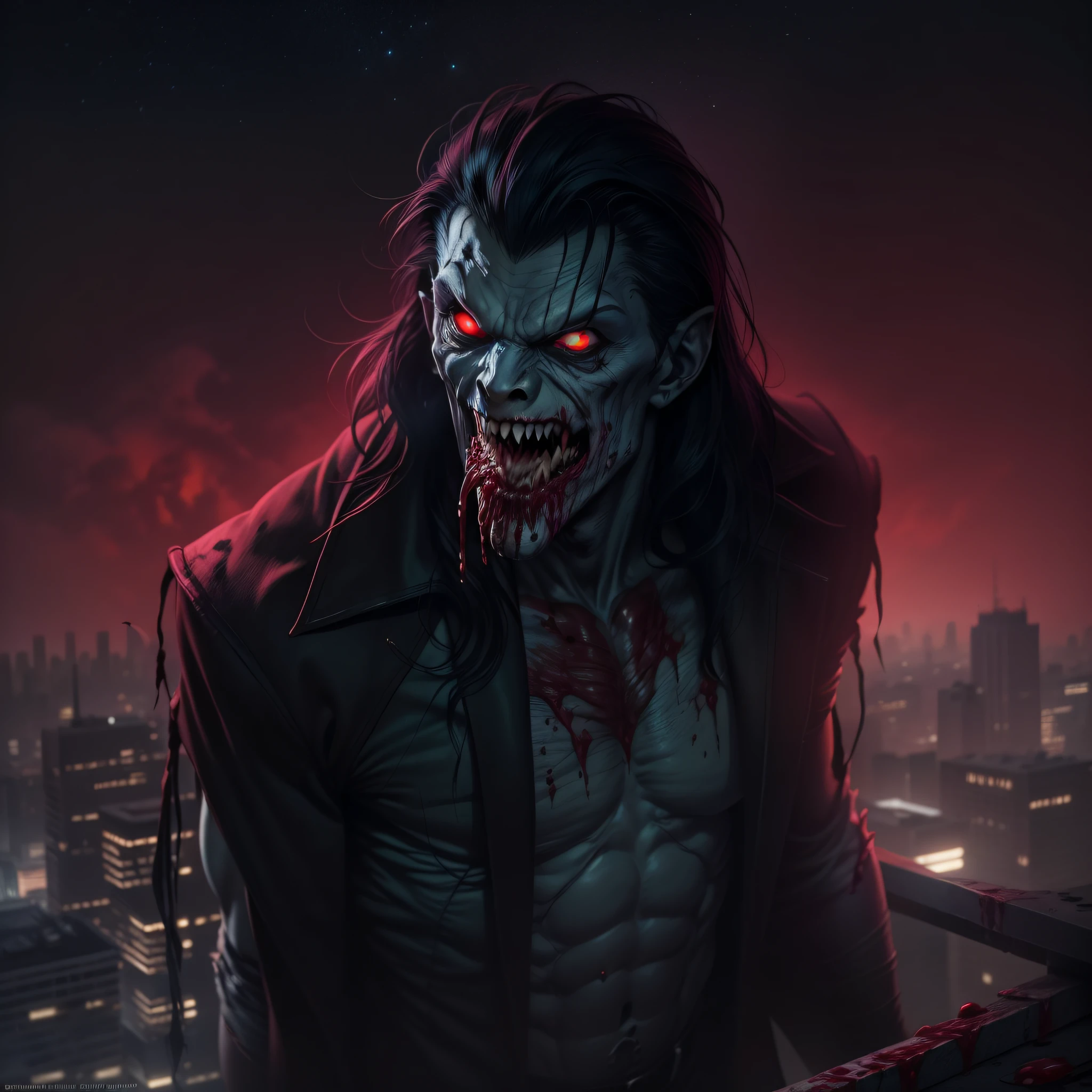 a photo of morbius, (((on the top of a building))) at night, (((Horror))) ((evil)) (((blood on mouth)))