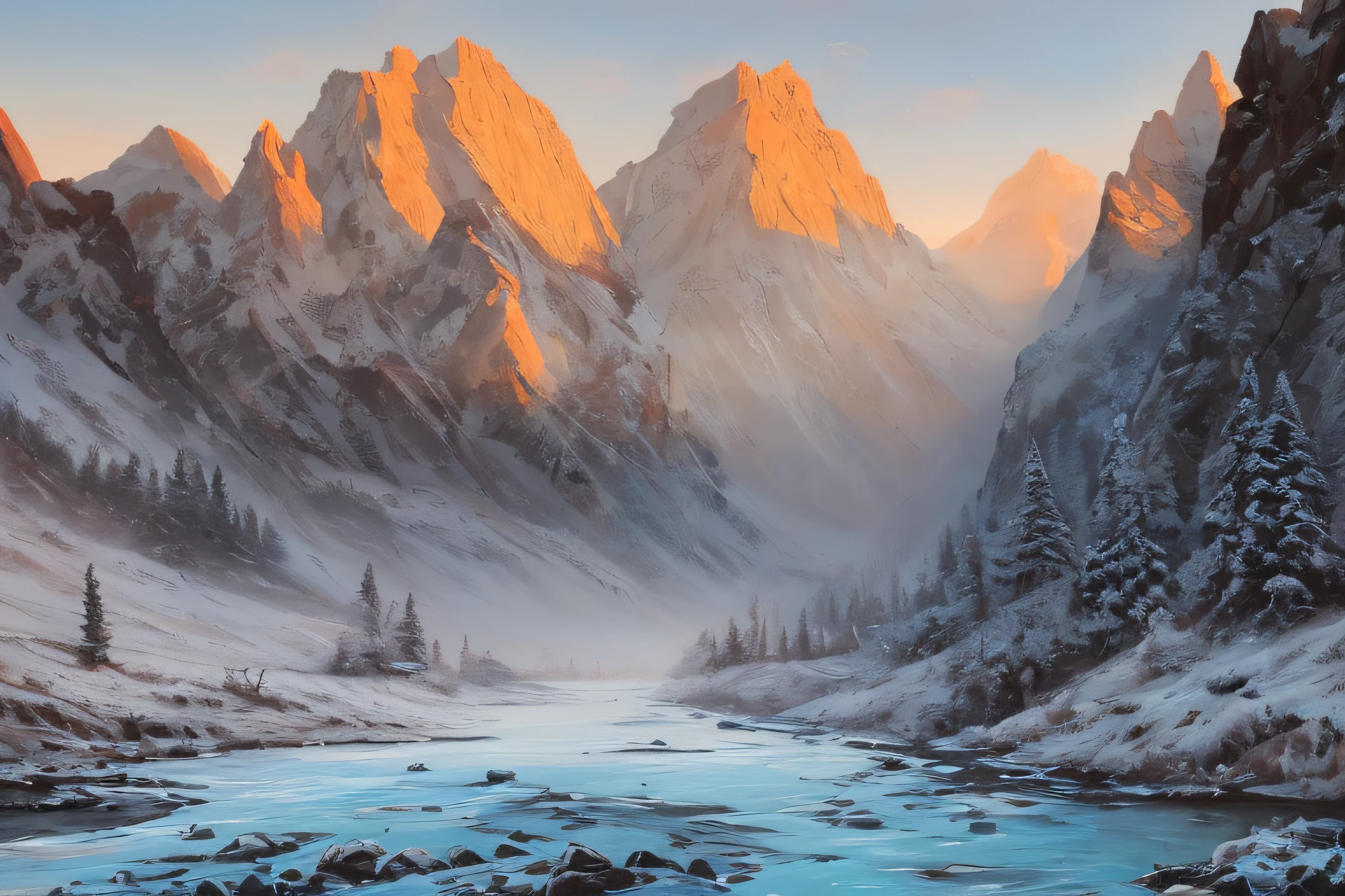 samdoesarts style. physical palette knife painting, thick Oil paint, stunning landscape, vast scale, soft colors, muted contrast, extremely detailed and intricate. Mountainous arctic valley river. Light fog, gently snowing, sunrise. God rays, sharp focus
