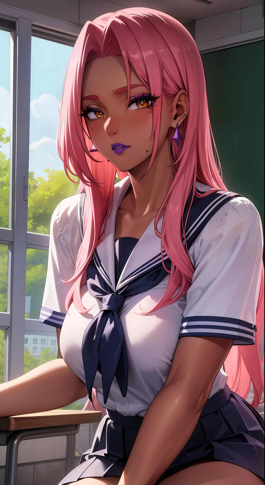 (masterpiece, highres, best quality:1.3), 8K, highly detailed, intricate, colorful, vibrant image, sharp focus, digital blending, 4K, trending on pixiv Ingrid, ((school uniform)), solo, mature female, 40yo, milf, curvy, (dark skinned female:1.15), dark skin, posing, classroom, table, chair, sitting, (expressionless:1.2), looking at viewer, cowboy shot, pink hair, very long hair, forehead, hair intakes, purple lipstick, makeup, mole under mouth, yellow eyes, perfect eyes, perfect face, ultra detailed hair, ultra detailed face, earrings, ultra detailed lips, large breasts, ultra detailed lipstick