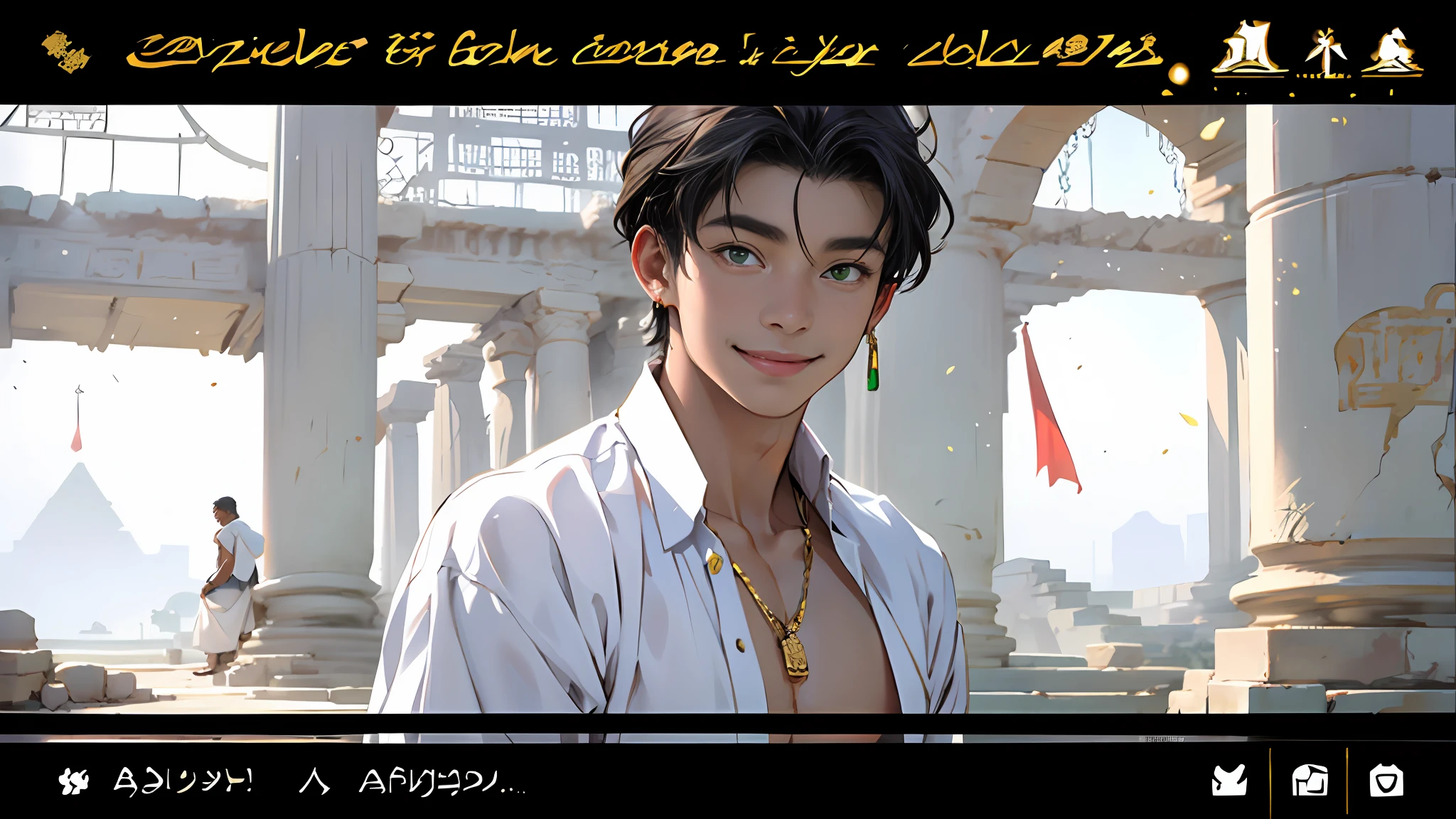 15-year-old boy walks smiling through the palaces of ancient Egypt black hair brown skin green eyes elegant black clothes with gold with bare chest wears red gold jewelry