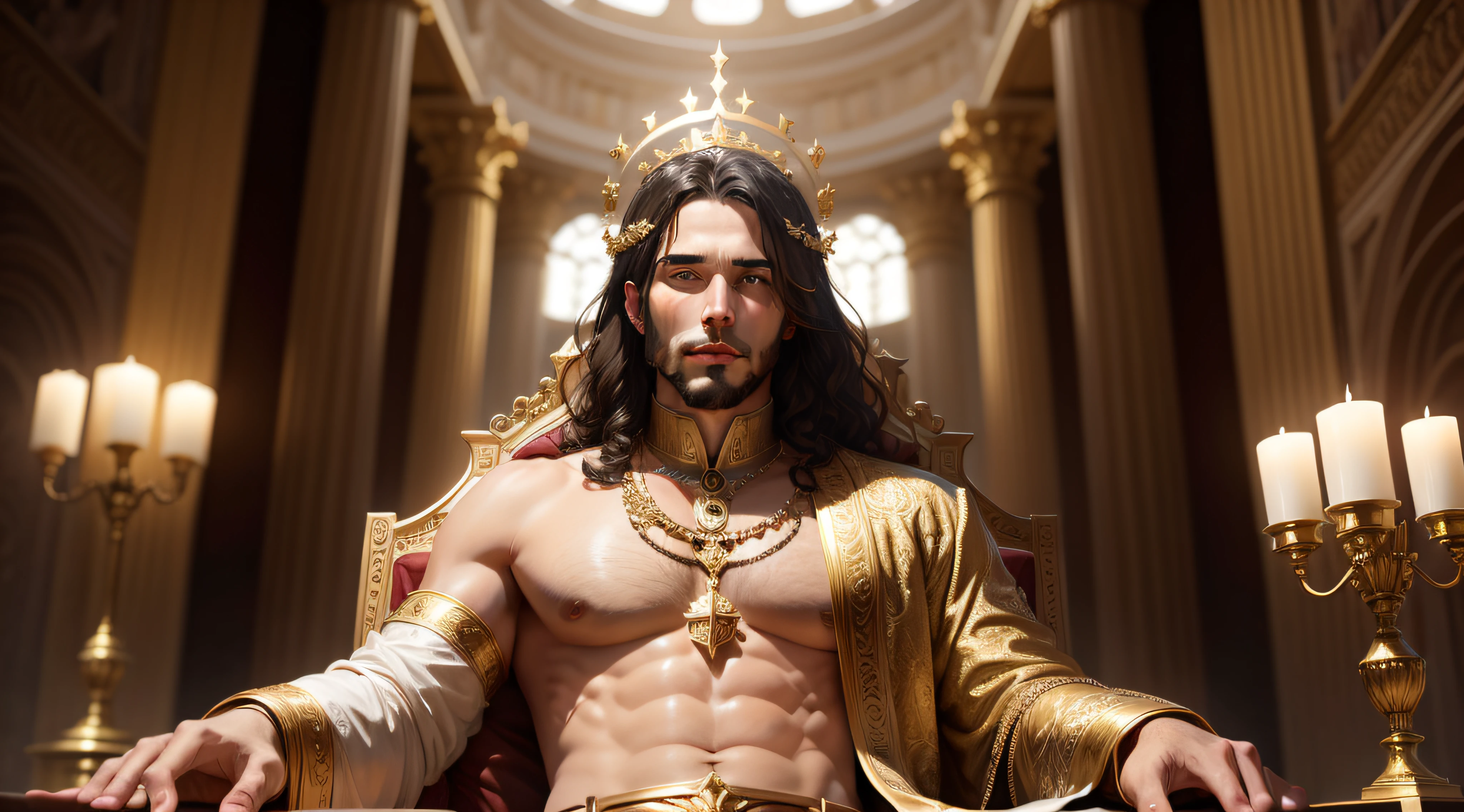 "A wealthy biblical figure in a lavish setting, exuding opulence and grandeur, living in peace."