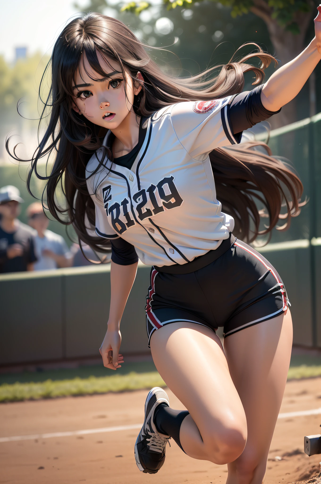 (8k, best quality, masterpiece:1.2), (realistic, photo-realistic:1.37), ultra-detailed,best quality, ultra-high res, professional lighting, photon mapping, radiosity, physically-based rendering, cinematic lighting, baseball court, depth of field, sharp focus, sunbeam, good composition,(bokeh:1.2) 1girl,solo,(full body), (closed mouth),beautiful detailed eyes, pose, narrow waist, baseball, uniform, black hair, messy hair, long hair floating in wind,(ulzzang-6500:1.2) mix4, highboys, running, jumping, plying, the death