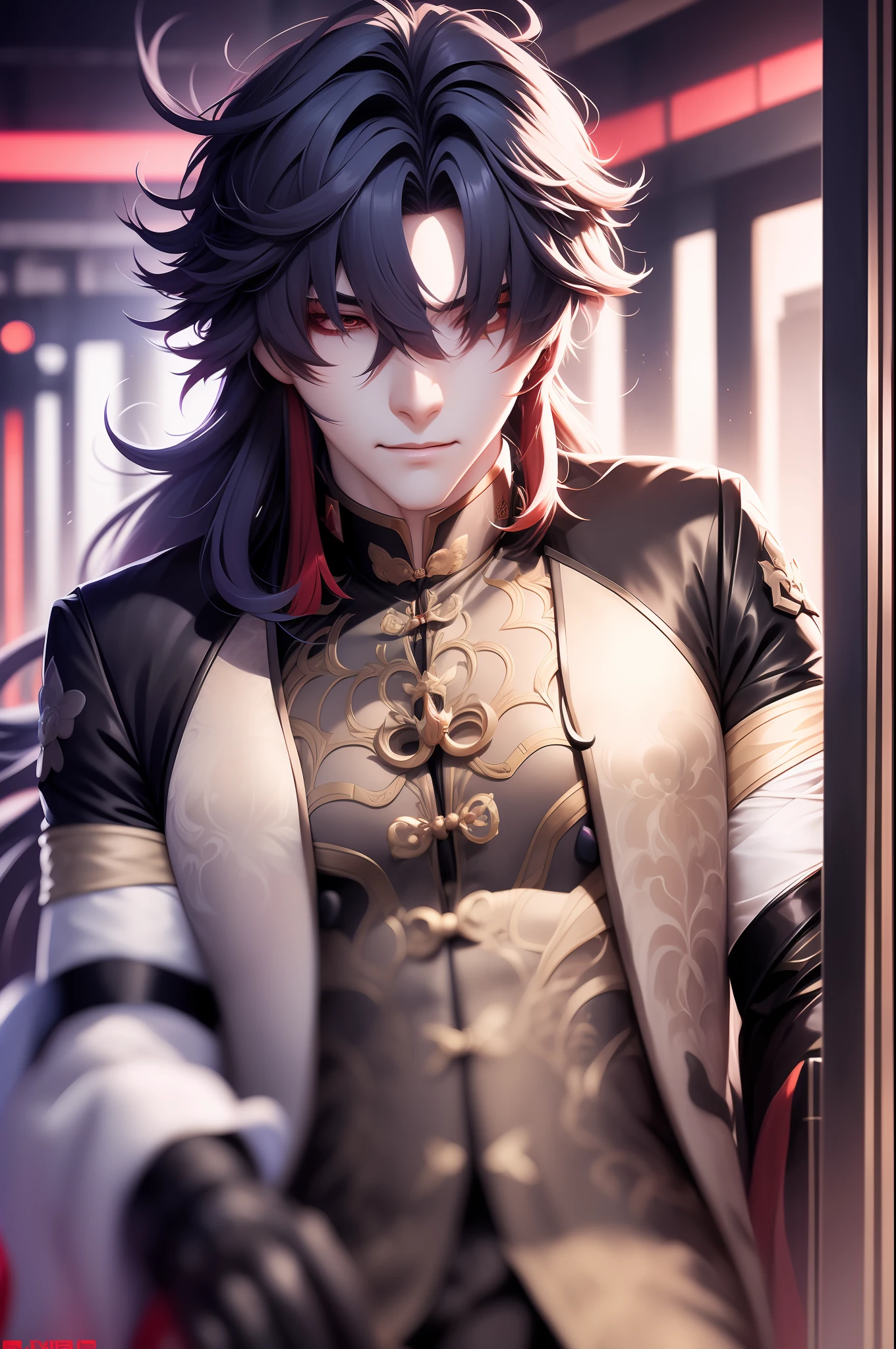 1 handsome young man, Brutal, 独奏, body complet, Full-length, in full height, hairlong, , looking a viewer, blusher, Loving and crazy look, Blade ( Honkai: Star Railway ), The background is dark in Chinese style, macabre