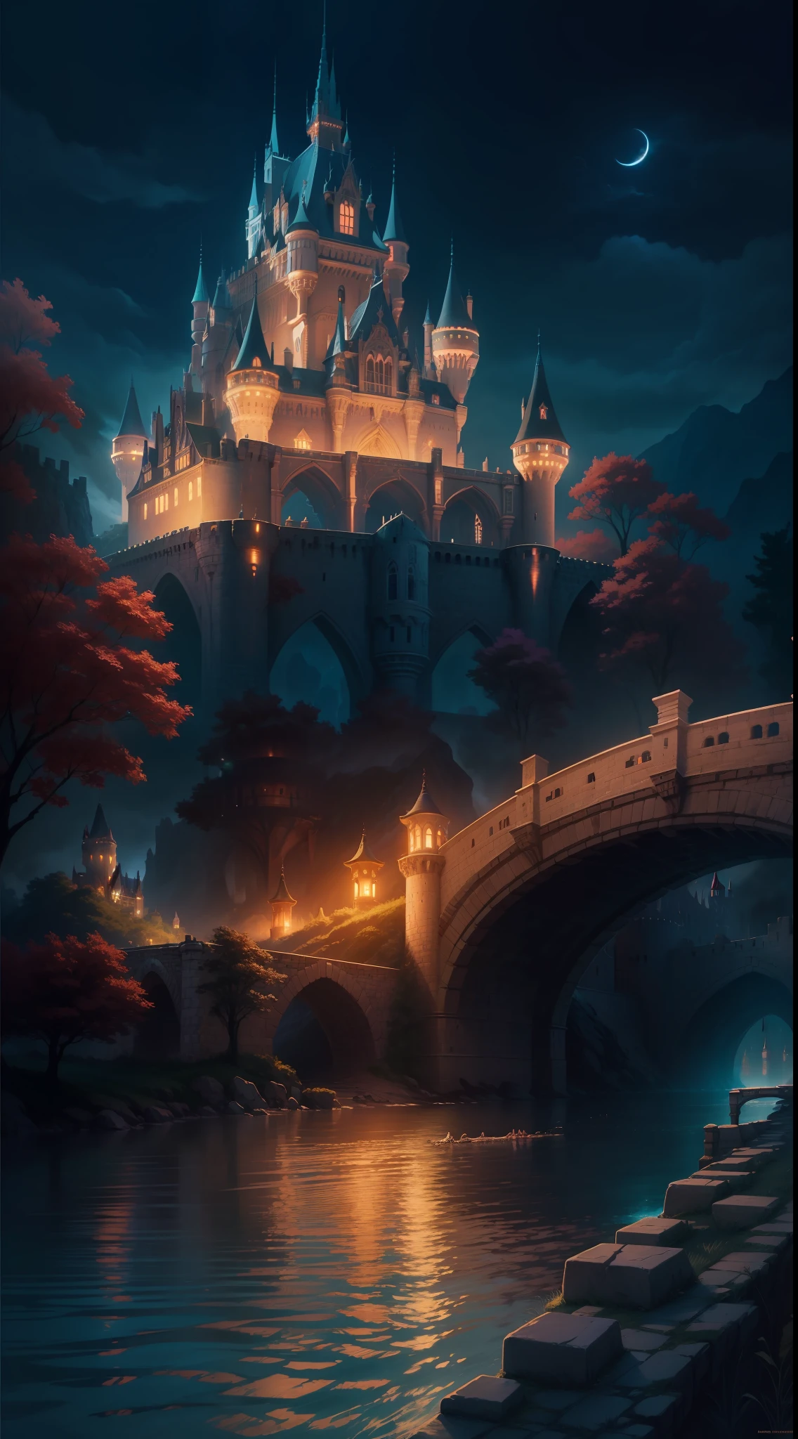 anime castle by the river at night with a bridge and a castle, a matte painting inspired by the Brothers Hildebrandt, trending on Artstation, fantasy art, fantasy castle, magical castle, high fantasy castle, detailed fantasy digital art, 4k highly detailed digital art, scarry castle)). mystical, beautiful castle, fantasy art style, fantasy highly detailed