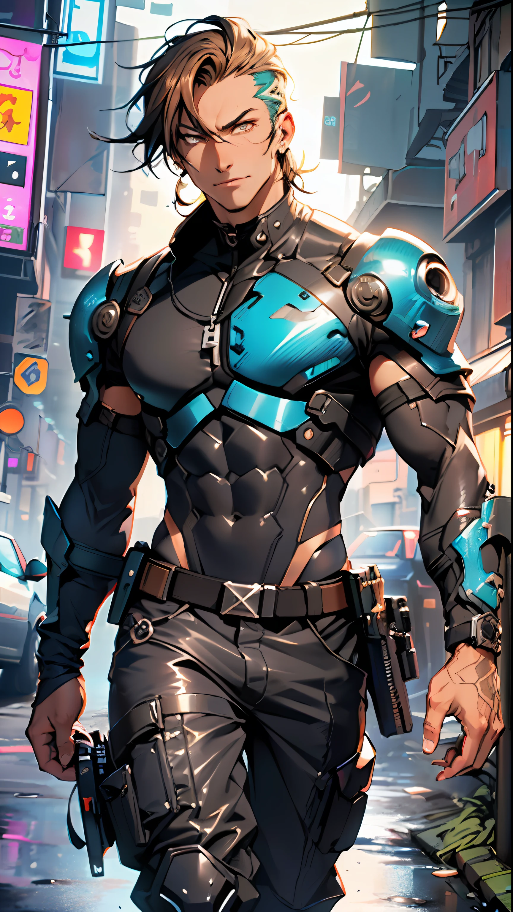 bounty hunter man,(((1man))),((anime man walking down the street)),
(((1male,man,handsome man,male,male gender,male focus))),
((medium black hair, disheveled hair, two tone hair)),(((lustrous skin:1.5,tanned skin,bright skin: 1.5,skin tanned,shiny skin,very shiny skin,shiny body))),((detailed eyes,perfect eyes,rainbow glows ultra-detailed orange brown eyes:1.1,gradient eyes:1,finely detailed beautiful eyes:1,symmetrical eyes:1,big highlight on eyes:1.2)),man chest,handsome face,((muscular,hairy body,muscular man)),((hand consists of a short thumb and four fingers,a hand with only five fingers,reference to the hand)),
alluring look,nsfw,
bounty hunter pants,((bulge in pants)),((bounty hunteroutfit)),(wearing a bounty hunter outfit:1.3,bounty hunter clothes),(detailed outfit,detailed clothes),
(dynamic pose:1.0),solo focus,((evil smile,evil look)),centered,scale to fit dimensions,Rule of thirds,
outdoors, ((night view)), (cyberpunk night street Background: 1.5,dark sky,alleyway,lonely alley,thick clouds, detailed background:1.25),
(best quality), (high resolution), (sharp focus), (ultra detailed), (extremely detailed), (extremely high quality artwork), 8k_wallpaper, (extremely detailed CG 8k),(very fine 8K CG), ((hyper super ultra detailed perfect piece)), flawless, (((masterpiece))), illustration, vibrant colors, (intricate), High contrast, Selective lighting, Double exposure, HDR (High Dynamic Range), Post-processing, Background blur,