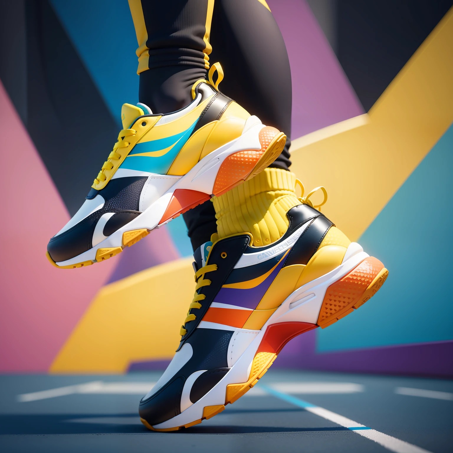 "Create a dynamic abstract background to highlight the diversity of styles and colors of our sneakers. Get inspired by the energy and movement of people playing sports and create an abstract background that conveys that sense of vitality. Use geometric shapes, vibrant colors and varied textures to create a visually impactful setting that captures customers' attention and conveys the sportsmanship of our products.”