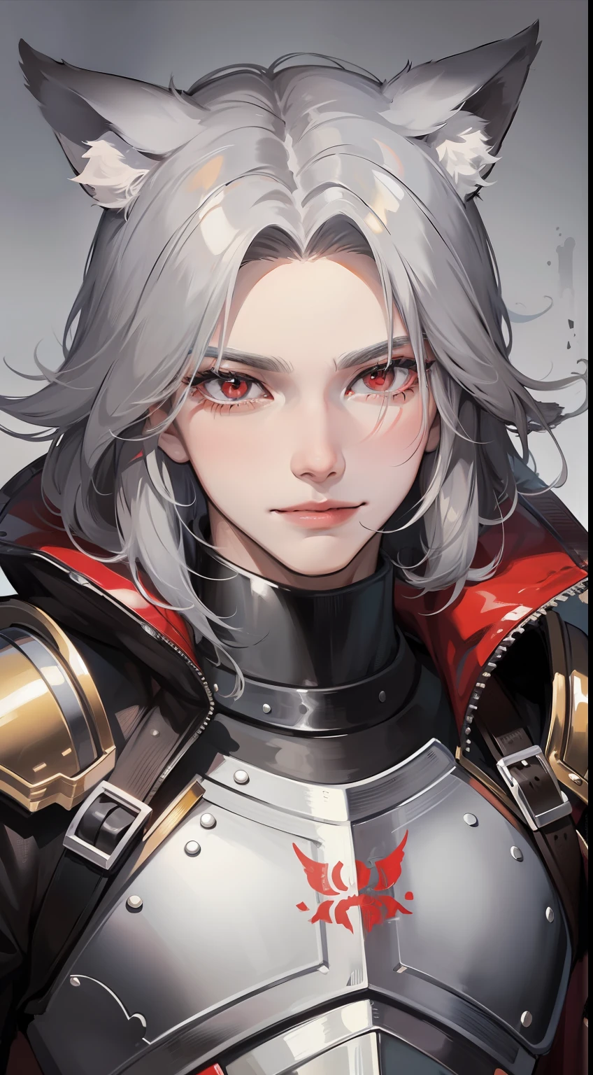 Young guy, long gray hair, red-eyes, brawn, wolf ears, leather armour, smirk, Masterpiece, hiquality