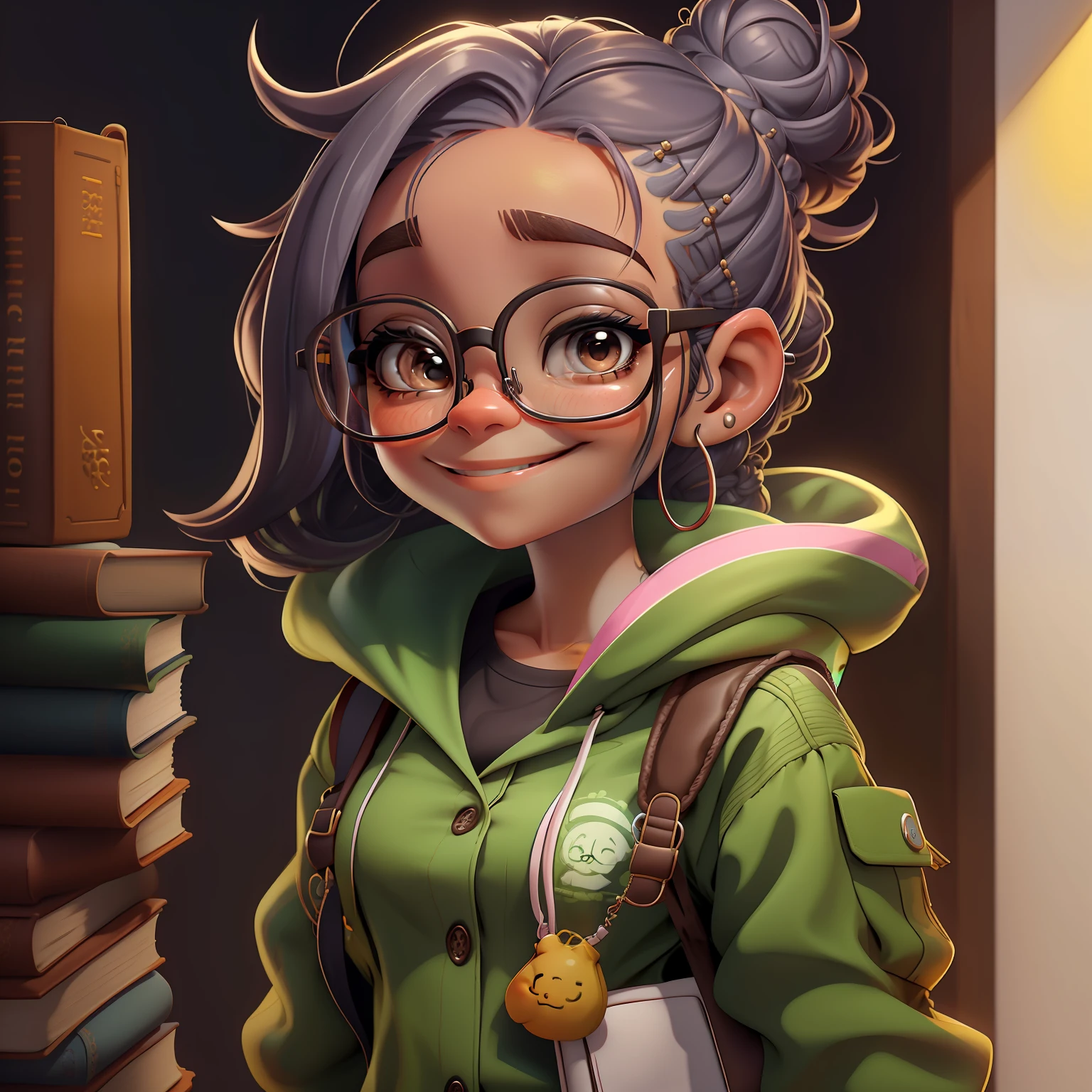 orando rezando, Eyeglasses, sorriso, livros e mochila, Slime cabelo curto bun estilo de cabelo, cinza amendoado, roupas vestido leve e detalhado, master part, best quality