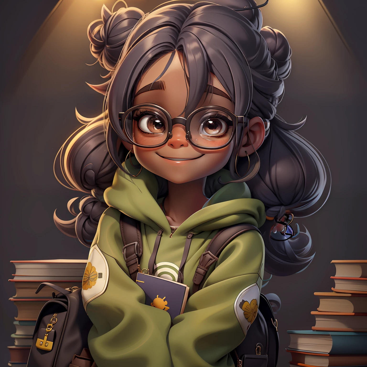menina orando rezando, Eyeglasses, sorriso, livros e mochila, Slime cabelo curto bun estilo de cabelo, cinza amendoado, roupas vestido leve e detalhado, master part, best quality
