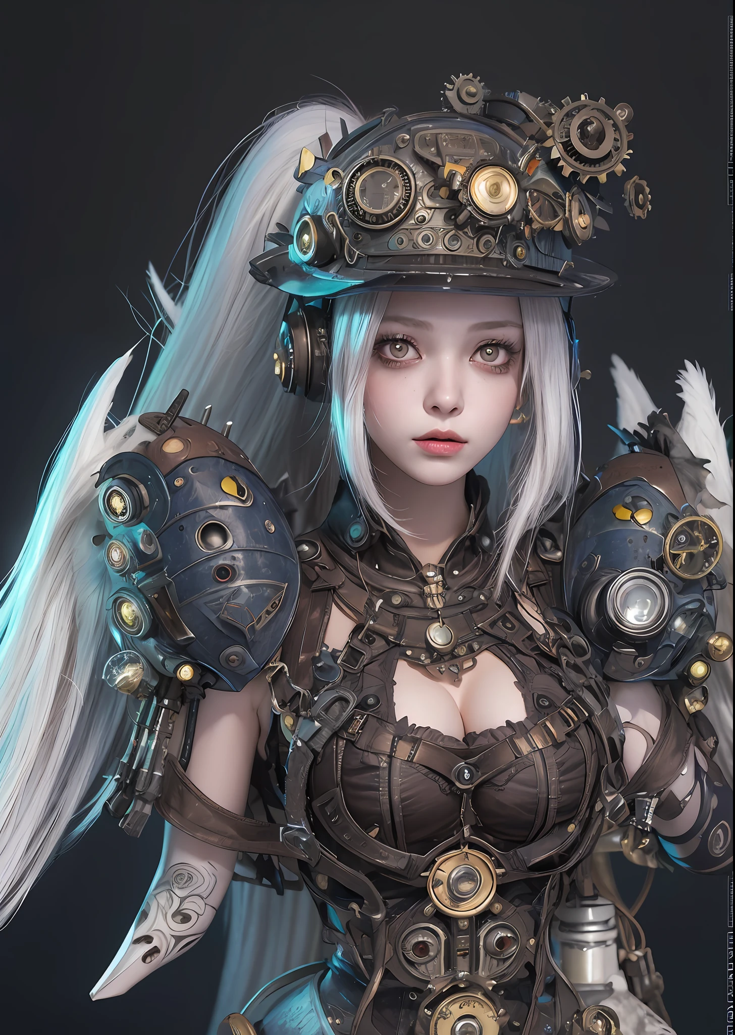 top-quality、masterpiece、超A high resolution、(Photorealsitic:1.4)、Raw photo、Steampunk Battle Cyborg Angel、large wings made of metal、White porcelain body、Acrylic Clear Cover、white hair、glowy skin、1 steampunk cyborg girl、((super realistic details))、portlate、globalillumination、Shadow、octan render、8K、ultrasharp、character edge light,Colossal tits、Raw skin is exposed in cleavage、Details of complex ornaments、Details of the steam engine、Hydraulic cylinder、Small LED lamp、highly intricate detail、Gothloli details、Realistic light、a purple eye、radiant eyes、Facing the camera、neon details、cowboy shot、Futuristic headgear、About steampunk、、