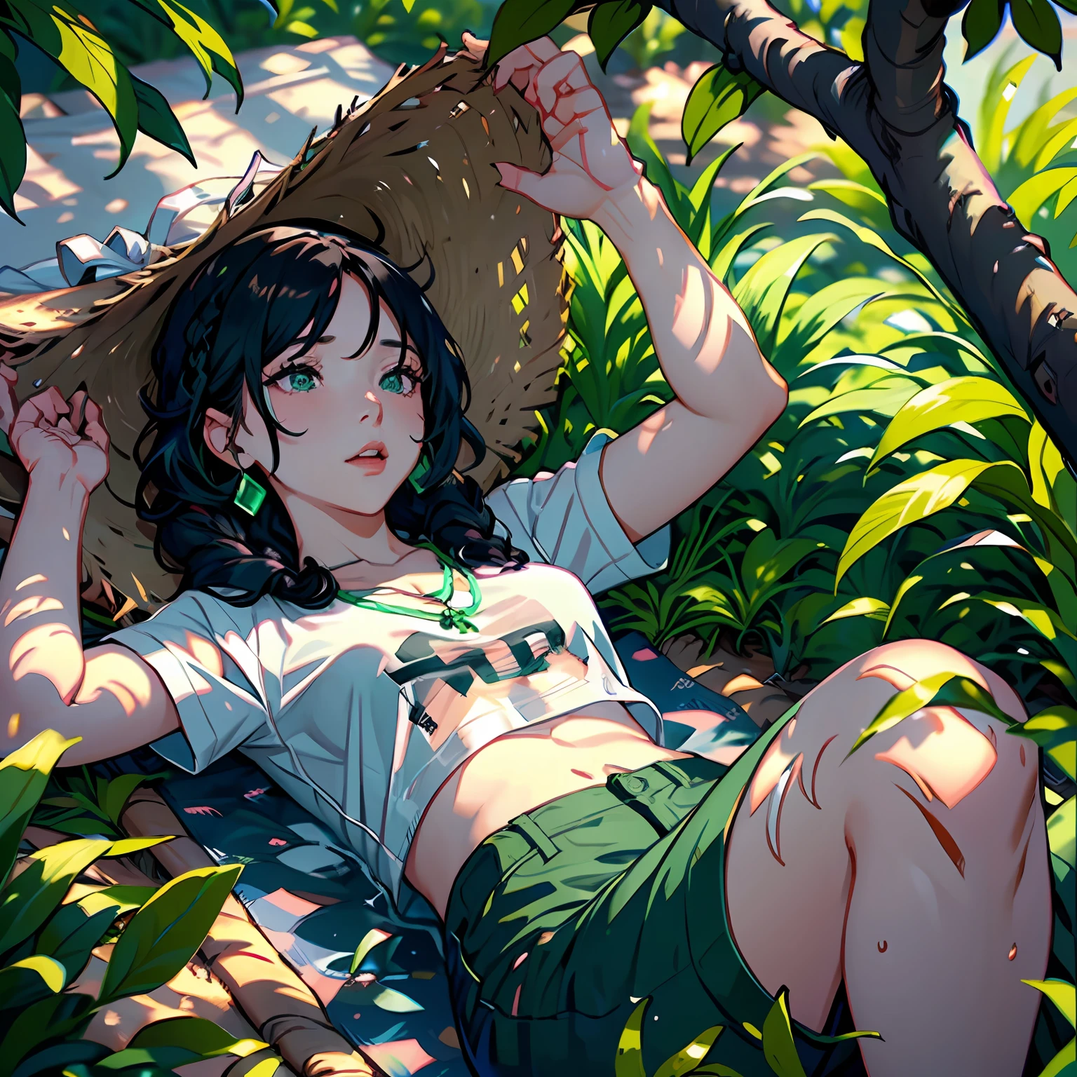 A woman lying unconscious on a bed of hay, under a shady tree, with her black hair neatly braided, wearing a white t-shirt and pink checkered pants, adorned with a beautiful emerald green necklace.