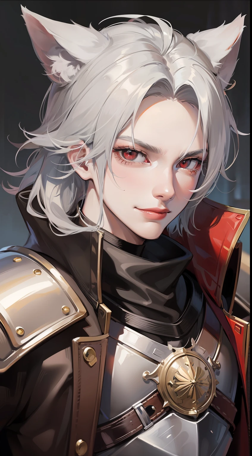 Young guy, long gray hair, red-eyes, brawn, wolf ears, leather armour, smirk, Masterpiece, hiquality