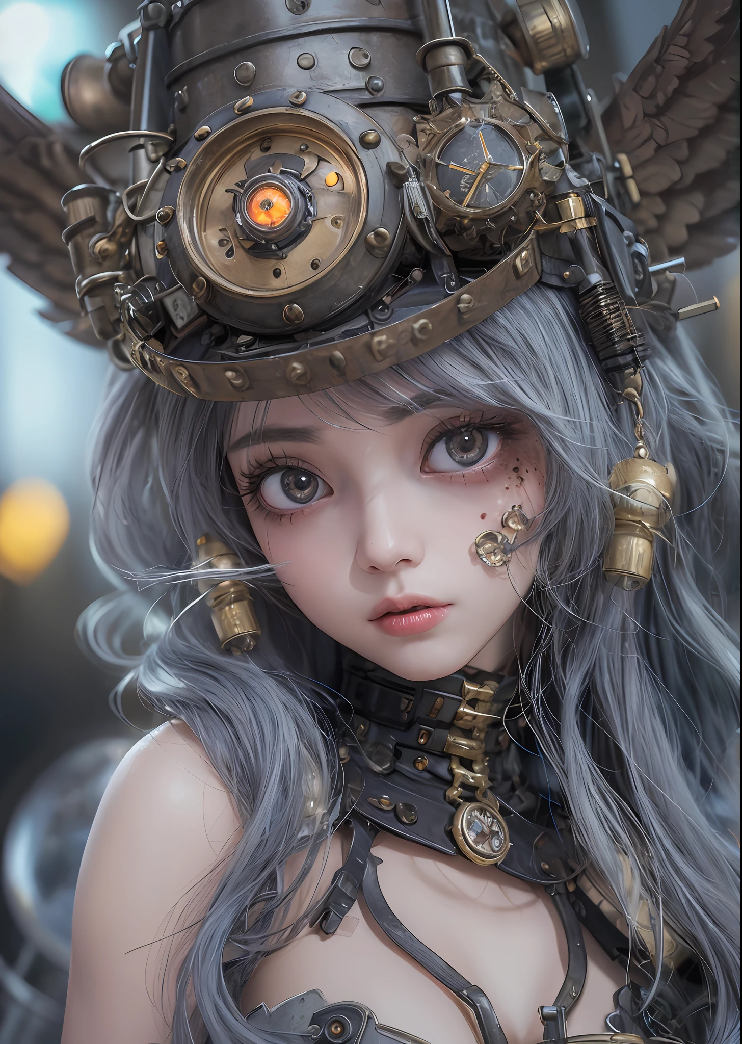 top-quality、masterpiece、超A high resolution、(Photorealsitic:1.4)、Raw photo、Steampunk Battle Cyborg Angel、large wings made of metal、White porcelain body、Acrylic Clear Cover、white hair、glowy skin、1 steampunk cyborg girl、((super realistic details))、portlate、globalillumination、Shadow、octan render、8K、ultrasharp、character edge light,Colossal tits、Raw skin is exposed in cleavage、Details of complex ornaments、Details of the steam engine、Hydraulic cylinder、Small LED lamp、highly intricate detail、Gothloli details、Realistic light、a purple eye、radiant eyes、Facing the camera、neon details、cowboy shot、Futuristic headgear、About steampunk、、