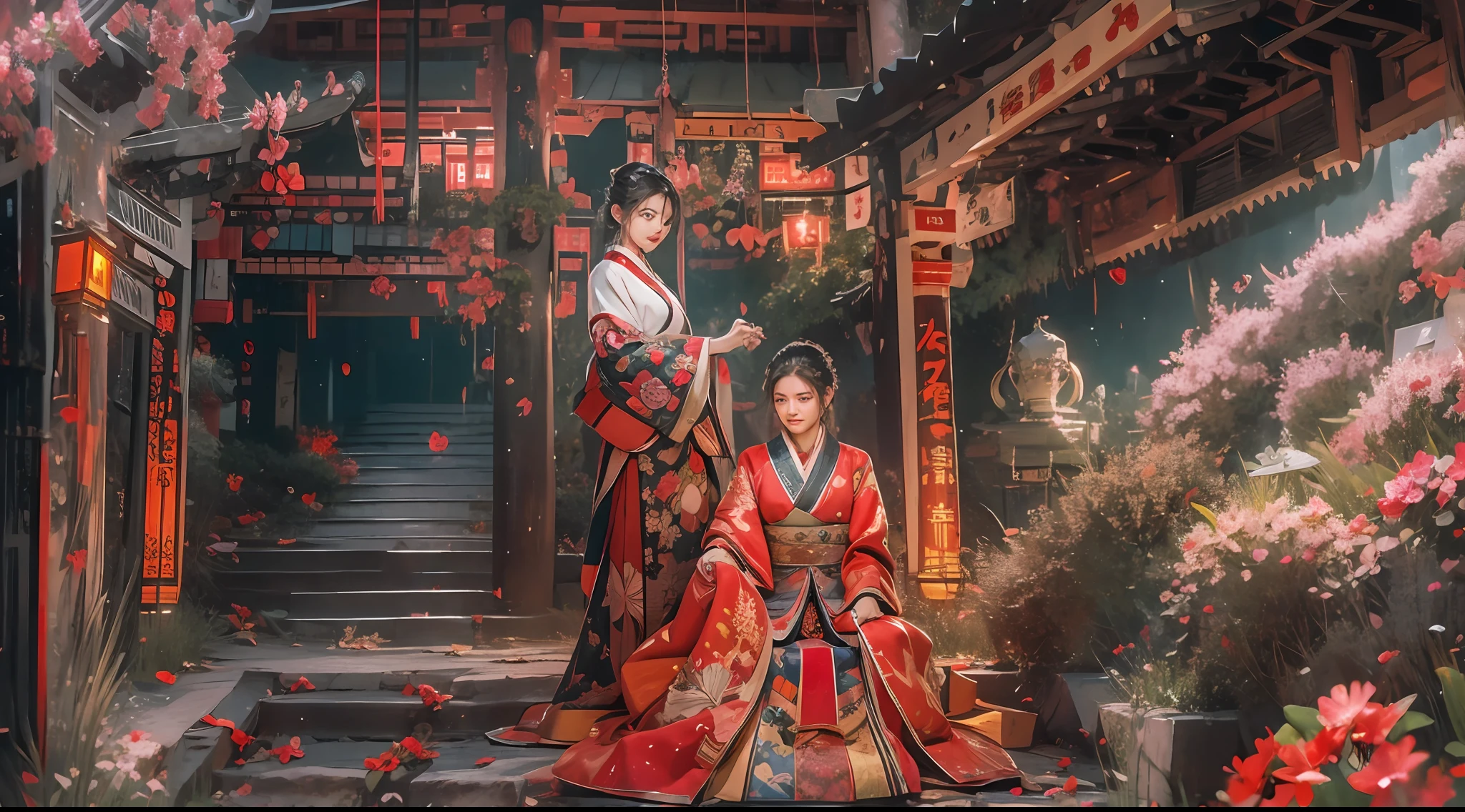 (tmasterpiece:1.2),best qualtiy,realisticlying,Tyndall effect,Underworld marriage,Spooky atmosphere,natta,Red palace lamp, The tree, scenecy, exteriors, "Young, Handsome and beautiful aristocratic couple traveling in the underworld,Detailed eyes,Clear facial features",Japanese clothes, east asian architecture, buliding, Skysky, nigh sky, stairways,amaryllis