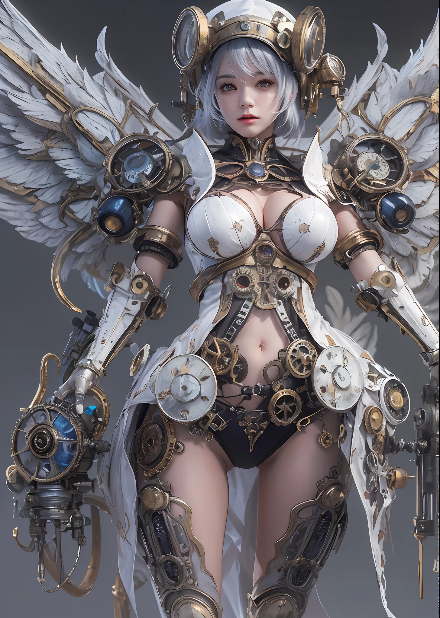 top-quality、masterpiece、超A high resolution、(Photorealsitic:1.4)、Raw photo、Steampunk Battle Cyborg Angel、large wings made of metal、White porcelain body、Acrylic Clear Cover、white hair、glowy skin、1 steampunk cyborg girl、((super realistic details))、portlate、globalillumination、Shadow、octan render、8K、ultrasharp、character edge light,Colossal tits、Raw skin is exposed in cleavage、Details of complex ornaments、Details of the steam engine、Hydraulic cylinder、Small LED lamp、highly intricate detail、Gothloli details、Realistic light、a purple eye、radiant eyes、Facing the camera、neon details、cowboy shot、Futuristic headgear、About steampunk、、