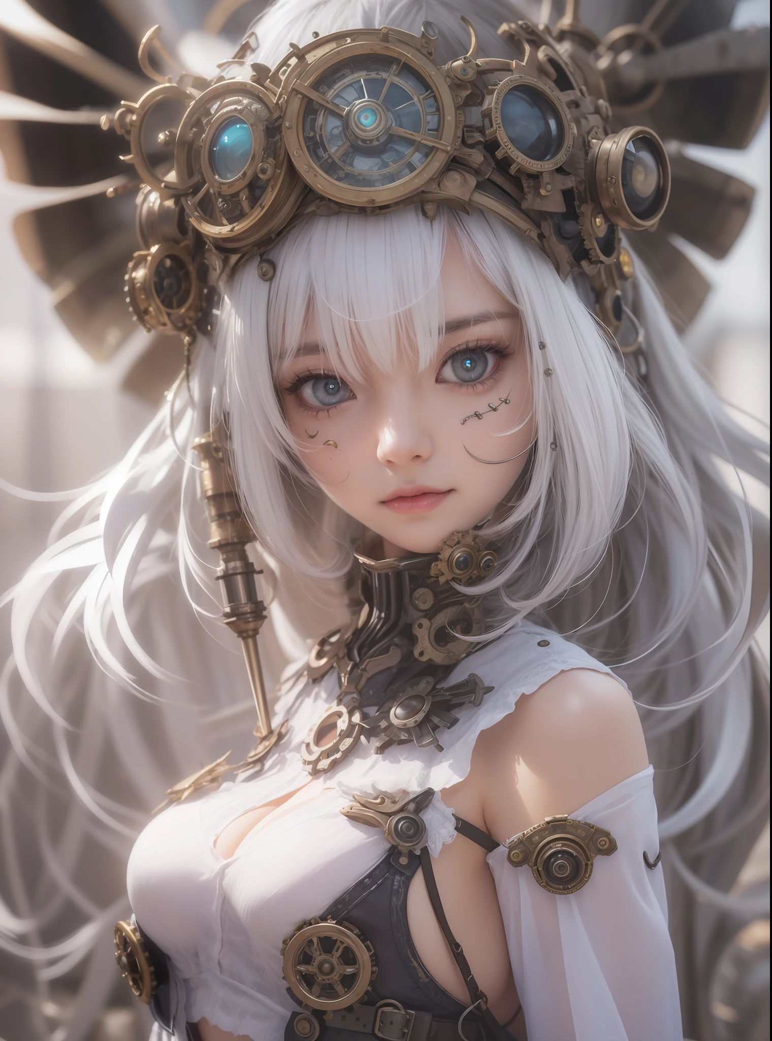 top-quality、​masterpiece、超A high resolution、(Photorealsitic:1.4)、Raw photo、Steampunk Battle Cyborg Angel、large wings made of metal、White porcelain body、Acrylic Clear Cover、white  hair、glowy skin、1 steampunk cyborg girl、((super realistic details))、portlate、globalillumination、Shadow、octan render、8K、ultrasharp、character edge light, Colossal tits、Raw skin is exposed in cleavage、Details of complex ornaments、Details of the steam engine、Hydraulic cylinder、Small LED lamp、highly intricate detail、Realistic light、a purple eye、radiant eyes、Facing the camera、neon details、cowboy  shot、Futuristic headgear、About steampunk、、