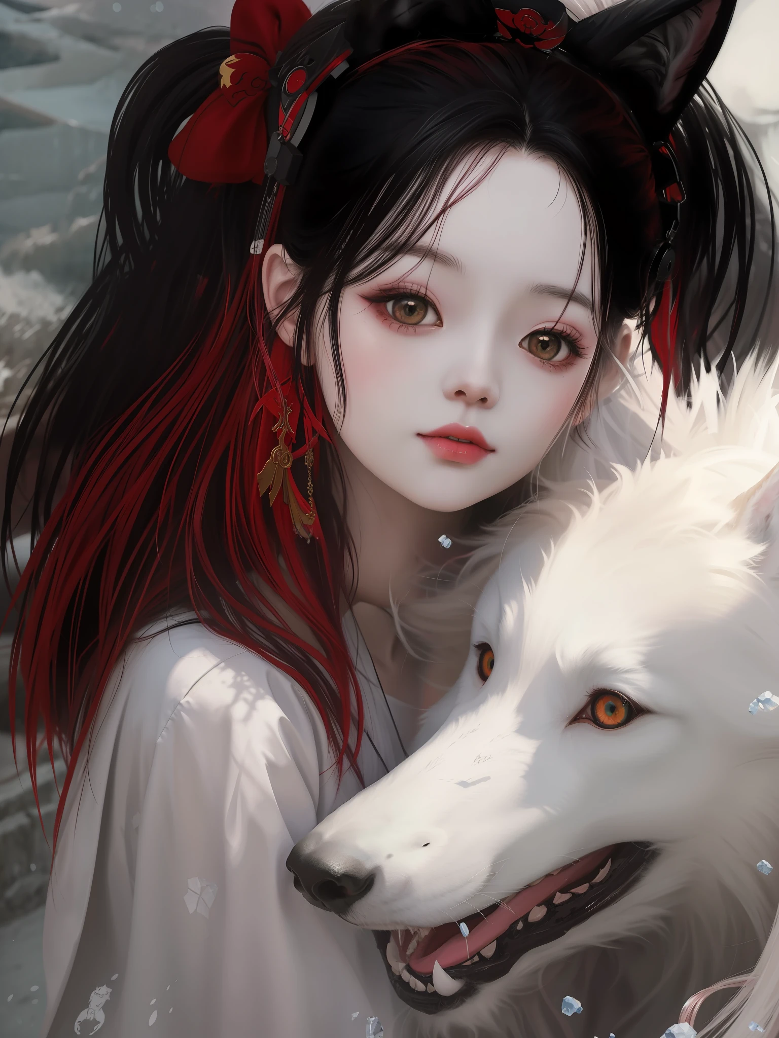 Anime girl with red hair and black ears hugging white wolf, Guviz-style artwork, Guviz, guweiz masterpiece, Guweiz in Pixiv ArtStation, Guweiz on ArtStation Pixiv, by Yang J, Loish et WLOP,Cute detailed digital art, lovely digital painting