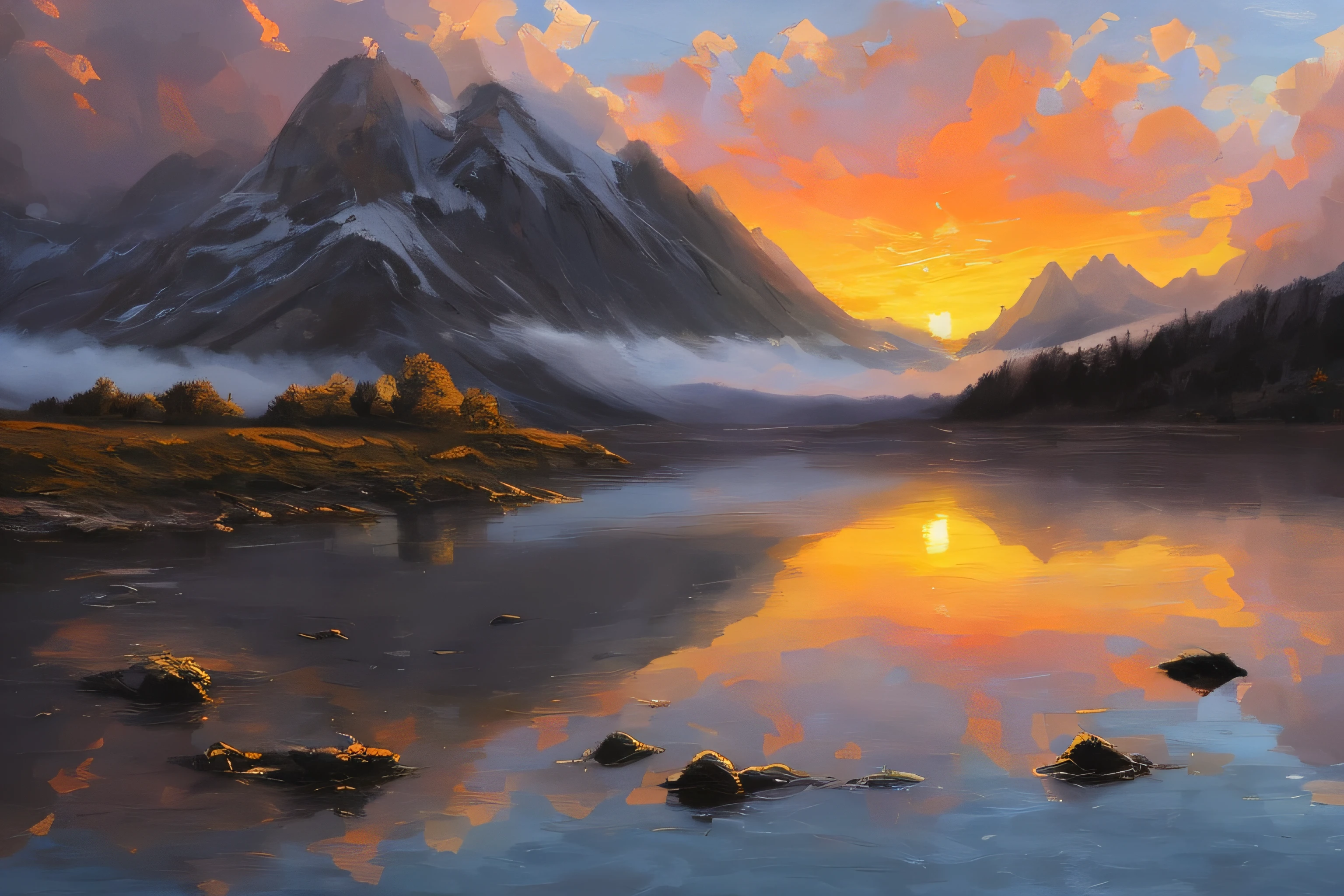 samdoesarts style. physical palette knife painting, thick Oil paint, stunning landscape, vast scale, soft colors, muted contrast, extremely detailed and intricate. Mountain landscape, sunrise. God rays, sharp focus