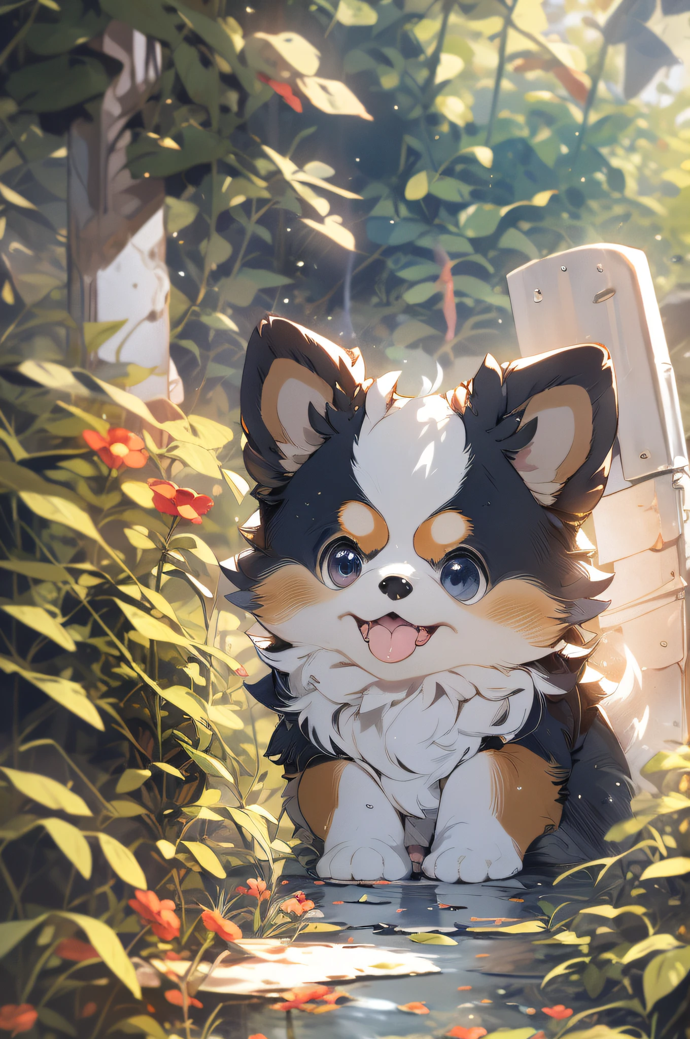 1 pomeranian puppy, cute, outdoors, god rays, kawaii, slice of life, studio ghibli, (masterpiece:1.2), (best quality:1.2), Amazing, highly detailed, beautiful, finely detail, Depth of field, extremely detailed CG unity 8k wallpaper,