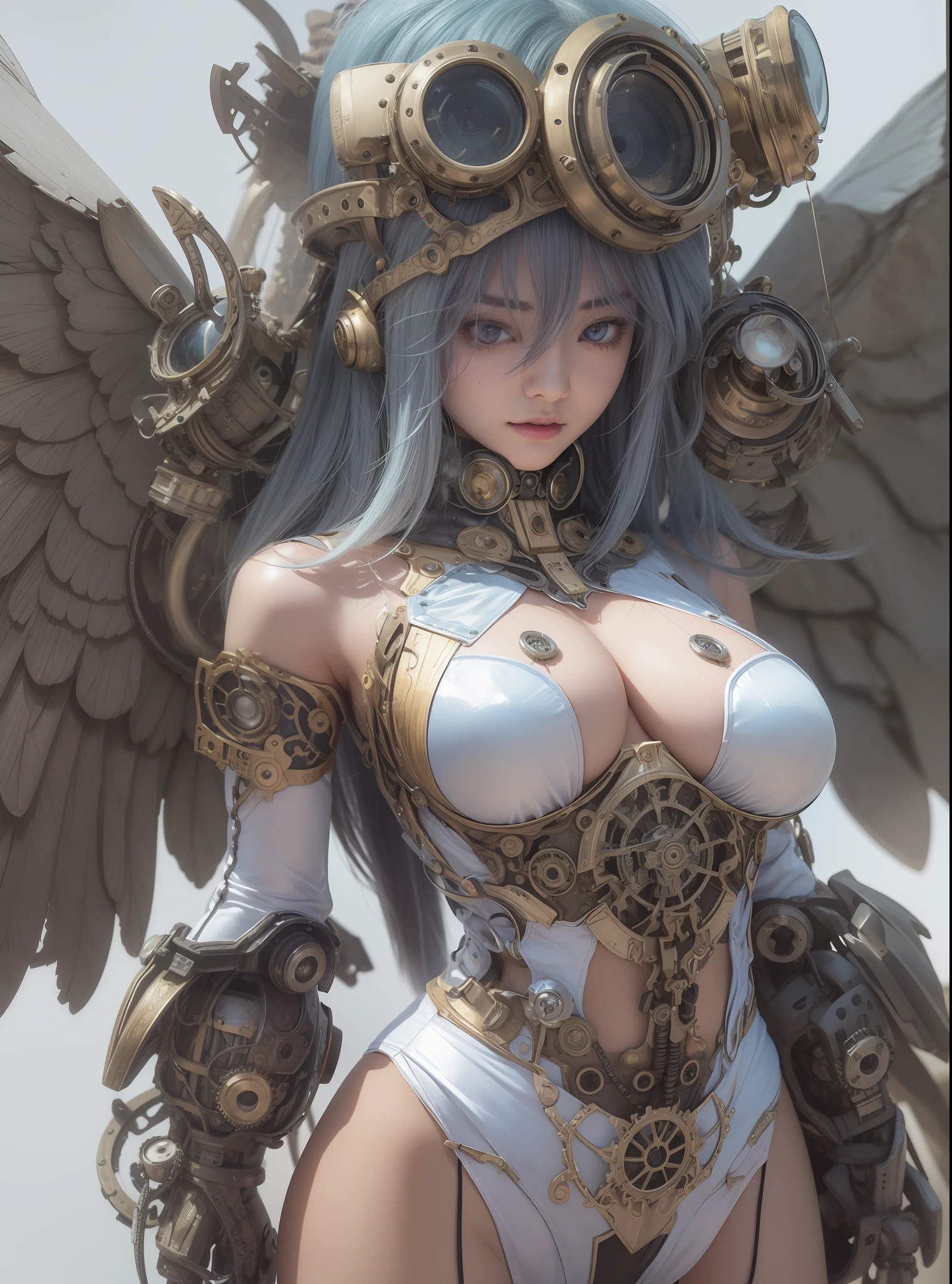 top-quality、​masterpiece、超A high resolution、(Photorealsitic:1.4)、Raw photo、Steampunk Battle Cyborg Angel、large wings made of metal、White porcelain body、Acrylic Clear Cover、white  hair、glowy skin、1 steampunk cyborg girl、((super realistic details))、portlate、globalillumination、Shadow、octan render、8K、ultrasharp、character edge light, Colossal tits、Raw skin is exposed in cleavage、Details of complex ornaments、Details of the steam engine、Hydraulic cylinder、Small LED lamp、highly intricate detail、Realistic light、a purple eye、radiant eyes、Facing the camera、neon details、cowboy  shot、Futuristic headgear、About steampunk、、