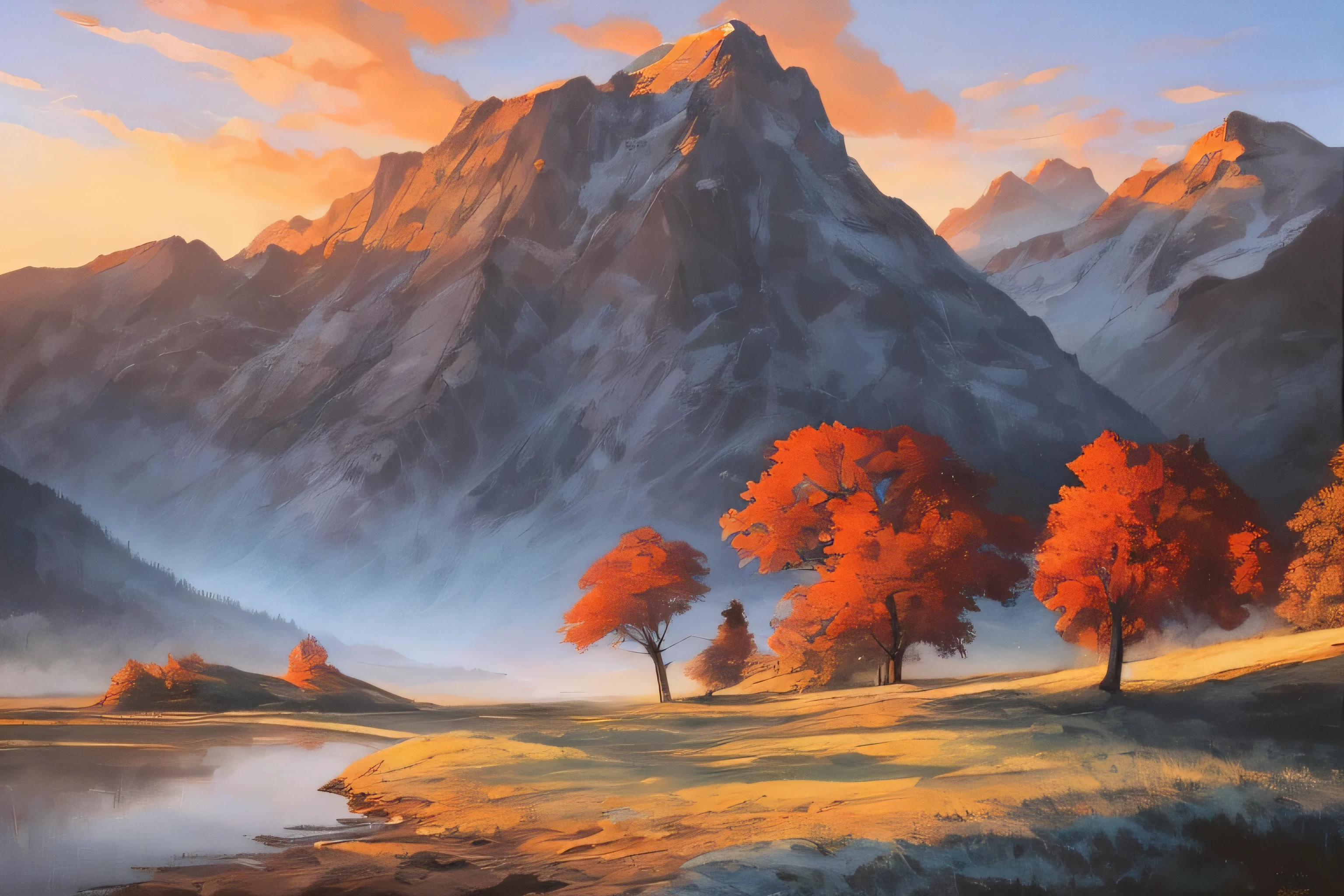 samdoesarts style. physical palette knife painting, thick Oil paint, stunning landscape, vast scale, soft colors, muted contrast, extremely detailed and intricate. Mountain landscape, sunrise. God rays, sharp focus