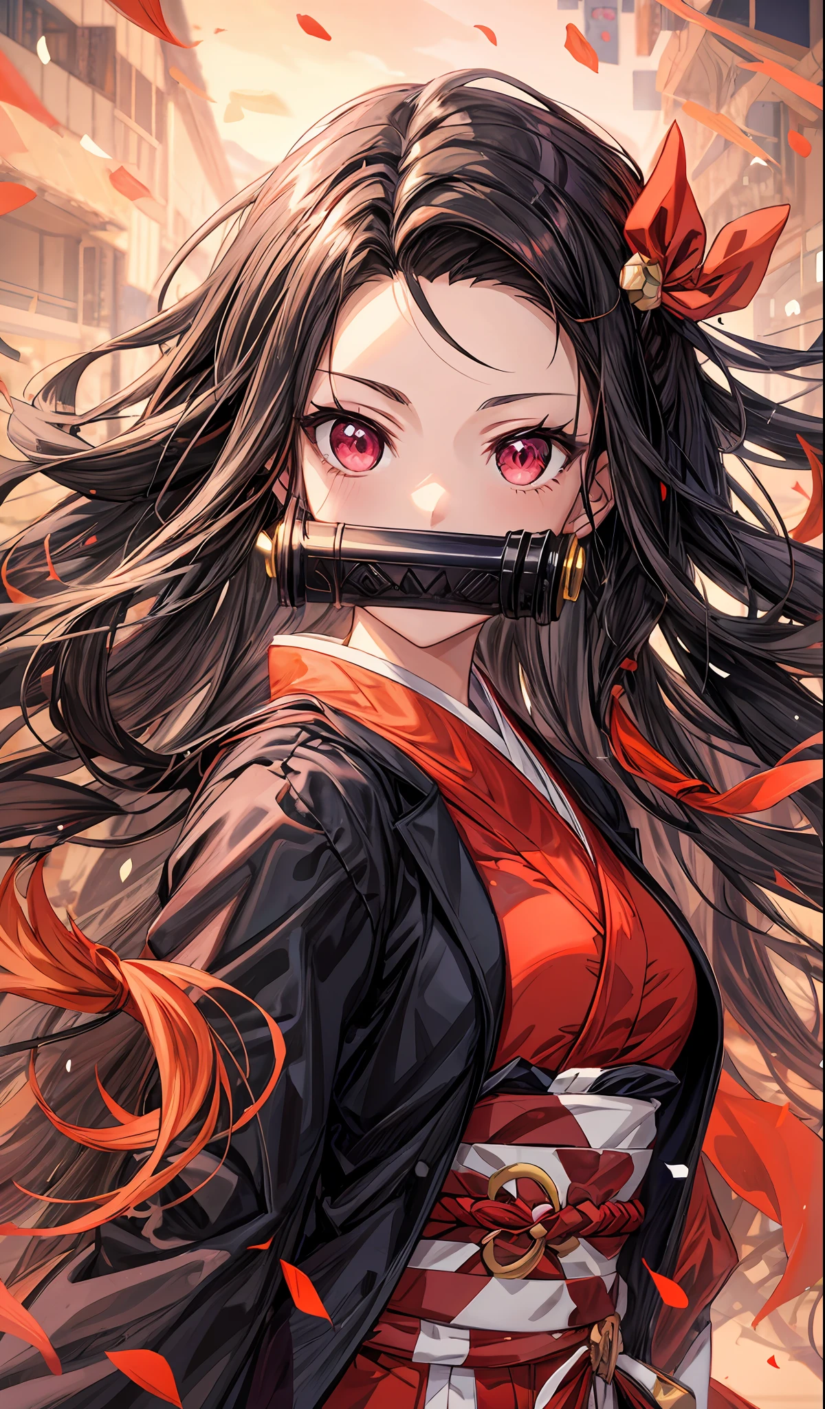a woman with long hair and a sword in her hand, nezuko, nezuko-chan, demon slayer artstyle, anime style 4 k, demon slayer rui fanart, badass anime 8 k, anime visual of a cute girl, stunning anime face portrait, anime style artwork, flaming katana, detailed anime artwork, beautiful anime portrait, clean detailed anime art