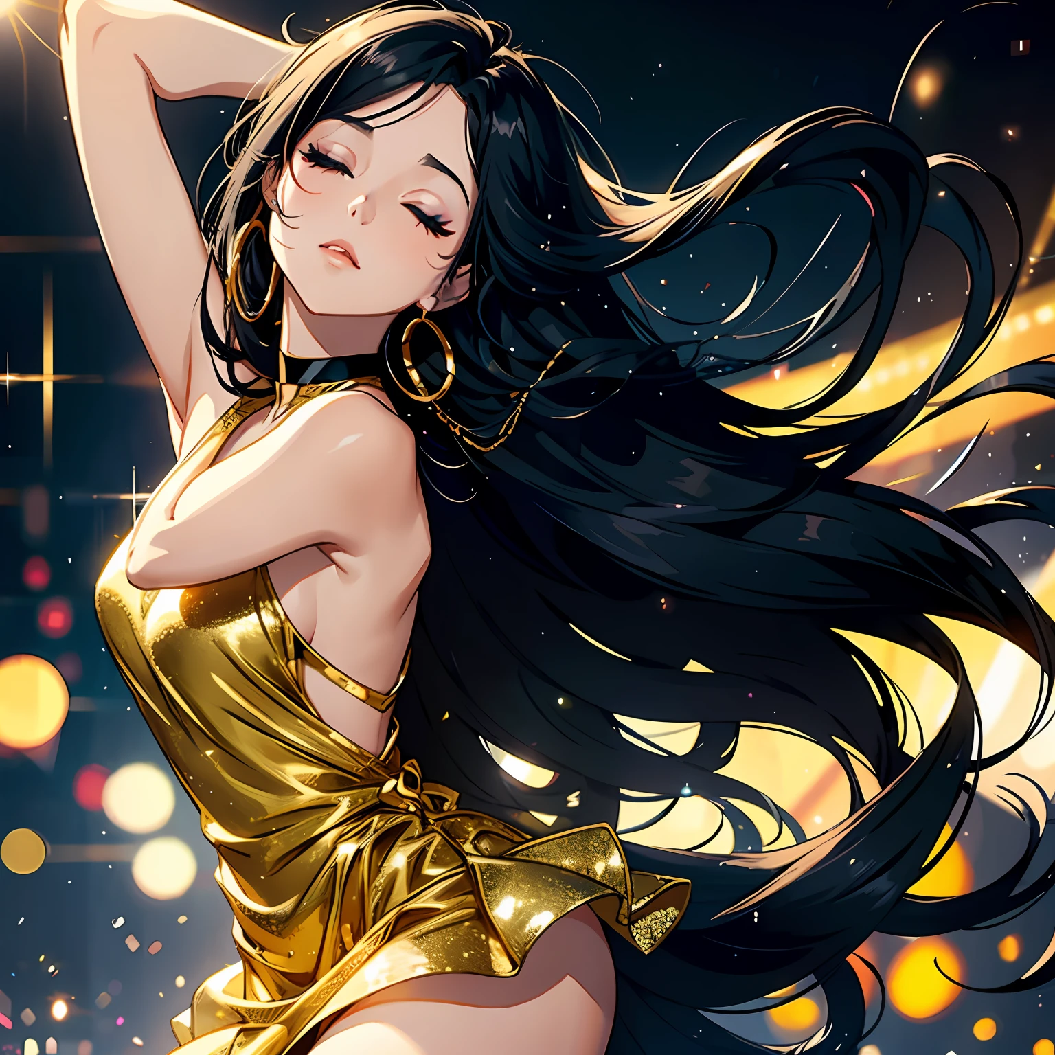 Woman, party, stylish, long black hair flowing in the wind, closed eyes, lots of makeup, dancing, sparkly gold short dress, lots of lights in the background