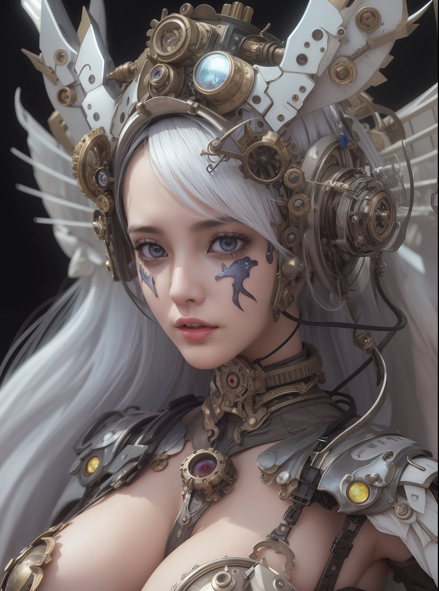top-quality、masterpiece、超A high resolution、(Photorealsitic:1.4)、Raw photo、Steampunk Battle Cyborg Angel、large wings made of metal、White porcelain body、Acrylic Clear Cover、white hair、glowy skin、1 steampunk cyborg girl、((super realistic details))、portlate、globalillumination、Shadow、octan render、8K、ultrasharp、character edge light, Colossal tits、Raw skin is exposed in cleavage、Details of complex ornaments、Details of the steam engine、Hydraulic cylinder、Small LED lamp、highly intricate detail、Realistic light、a purple eye、radiant eyes、Facing the camera、neon details、cowboy shot、Futuristic headgear、About steampunk、、