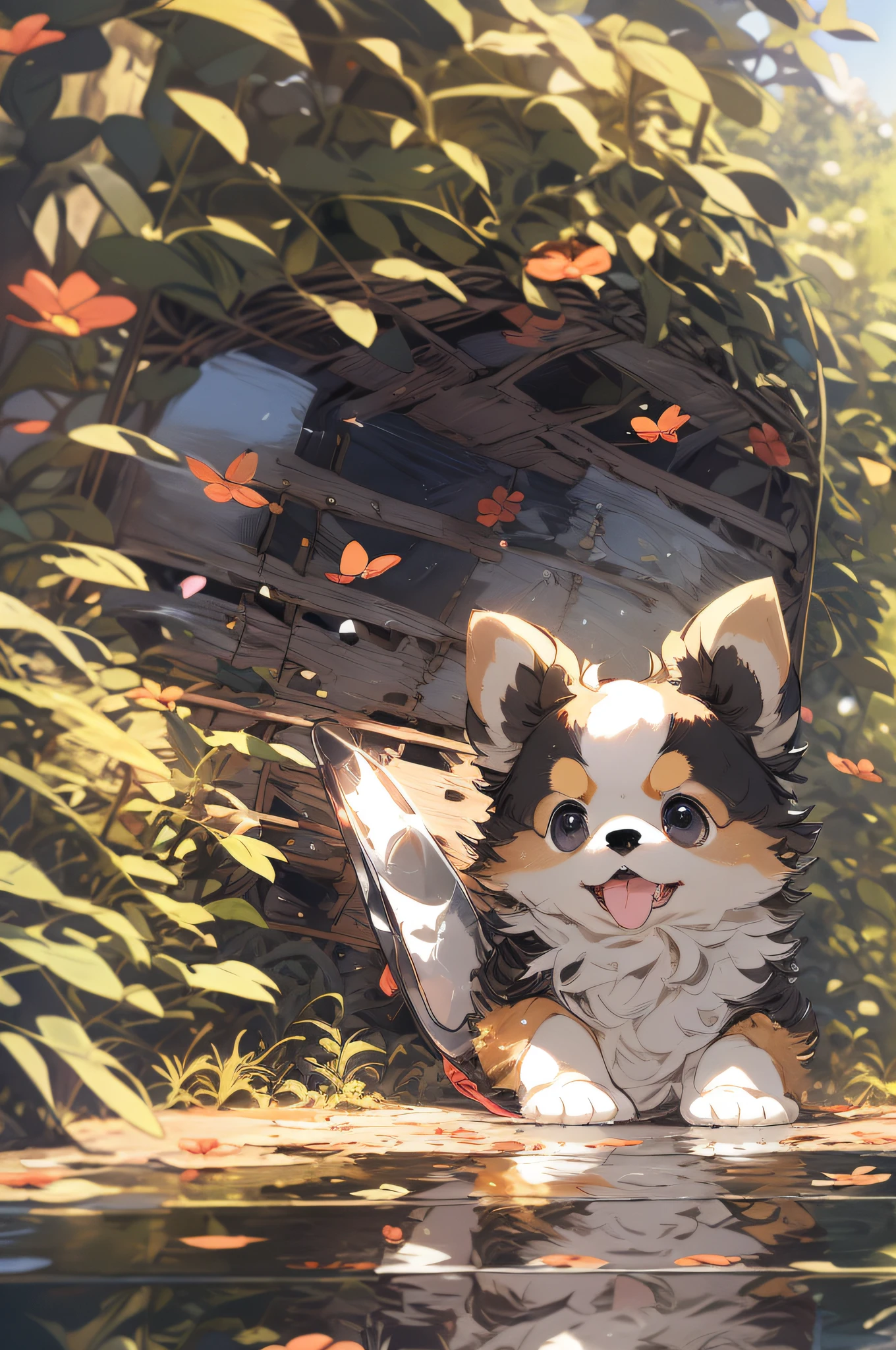 1 pomeranian puppy, cute, outdoors, god rays,  kawaii, slice of life, studio ghibli, (masterpiece:1.2), (best quality:1.2), Amazing, highly detailed, beautiful, finely detail, Depth of field, extremely detailed CG unity 8k wallpaper,