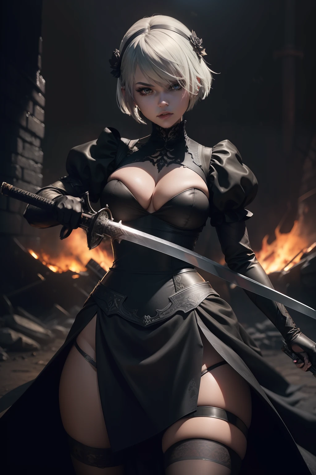 A Masterpiece, 2B from Nier: Automata, Perfect Gothic Black Dress, in a battle ground, Holding a Katana, fire, explotions, detailed and intrincicated, HD, Perfect Body, Perfect Katana, Perfect Hands, Perfect Face, Neon, Bioluminicense, HD