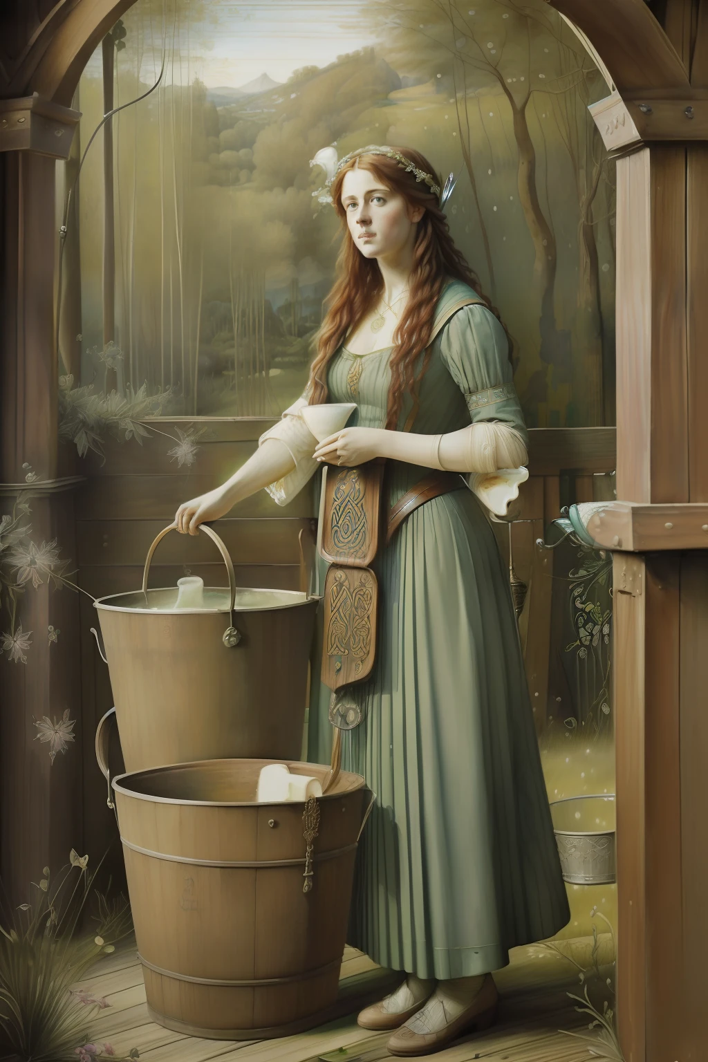 (((Pre-Raphaelite painting of Celtic woman pouring milk from a drinking horn into a wooden bucket, ramos de Amieiro, paisagem celta outonal, floresta de amieiros)))