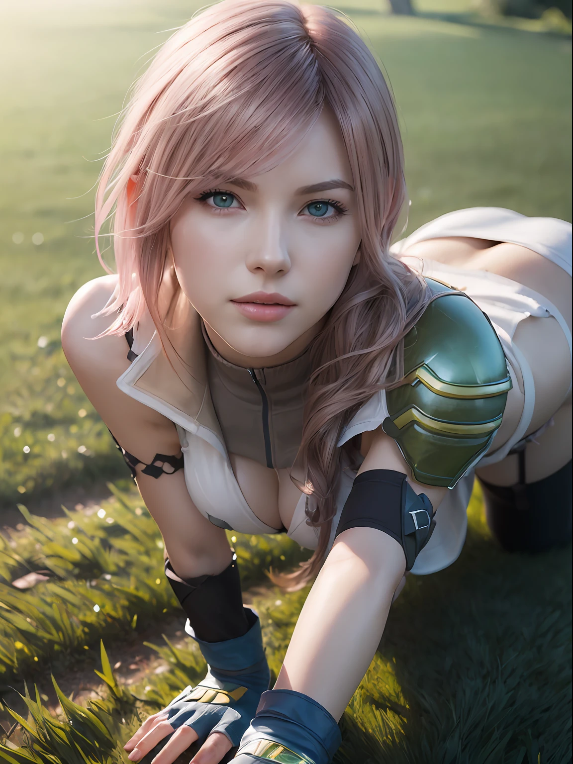 (masterpiece, best quality:1.4), (walk on all fours:1.5), (1girl, solo:1.5), (european youth:1), lightning farron, sleeveless, shoulder armor, cape, skirt, fingerless gloves, looking at viewer, (soft pink hair:0.5), (erotic smile), beautiful face, highly detailed face, highly detailed skin, skin pores, (on the grass:1.5), subsurface scattering, realistic pupils, medium breast, full face blush, full lips, detailed background, depth of field, volumetric lighting, sharp focus, absurdres, realistic proportions, good anatomy, (realistic, hyperrealistic:1.4), 16k hdr,