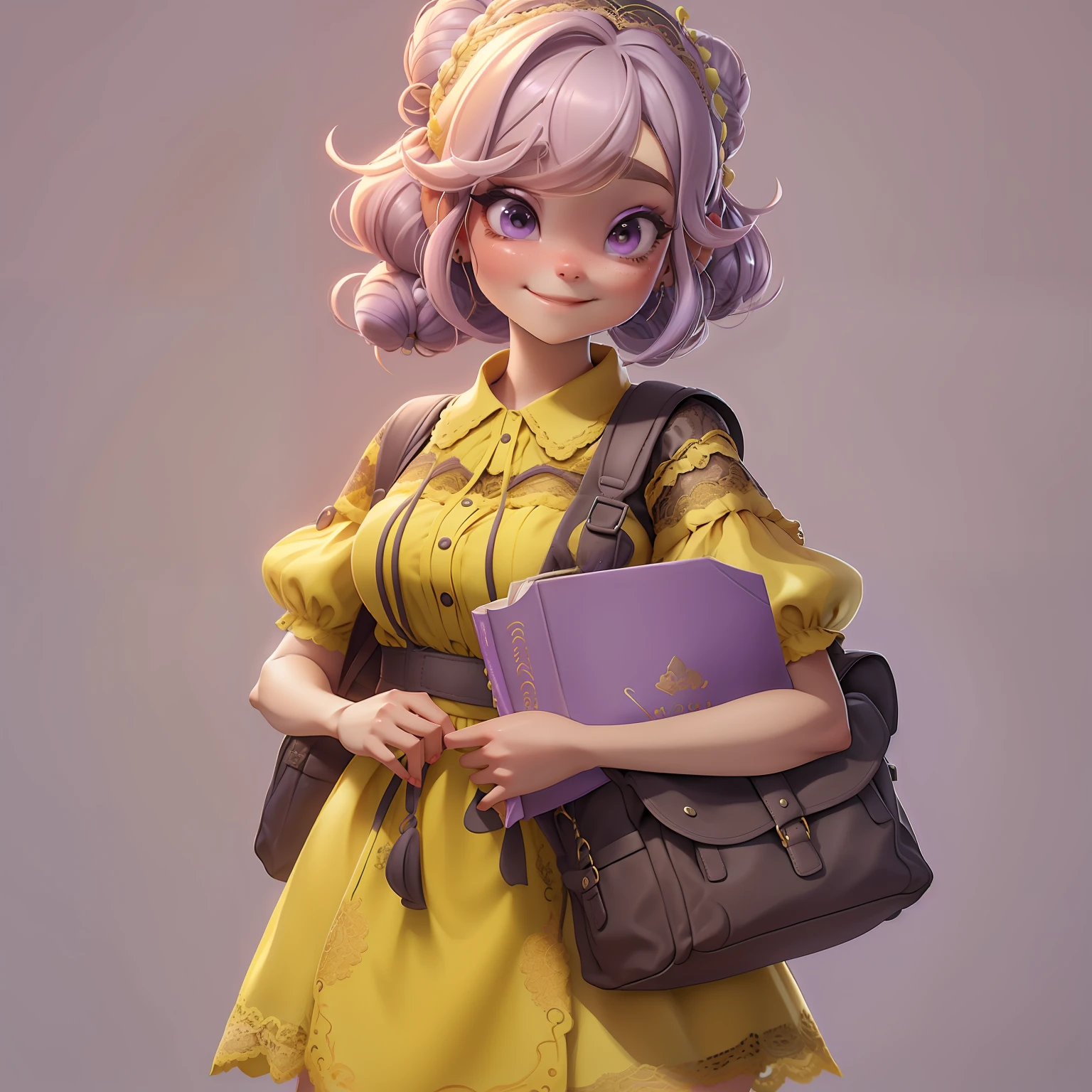 menina orando rezando, delicate lace, sorriso, livros e mochila, Slime cabelo longo bun estilo de cabelo, roxo dourado, roupas vestido leve e detalhado, master part, best quality