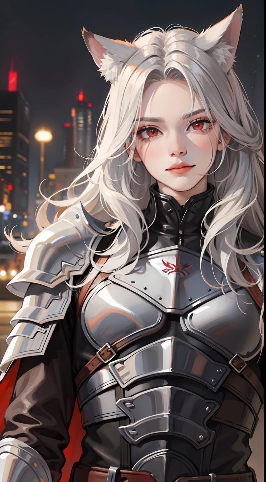 Young guy, long gray hair, red-eyes, brawn, wolf ears, leather armour, smirk, Masterpiece, hiquality