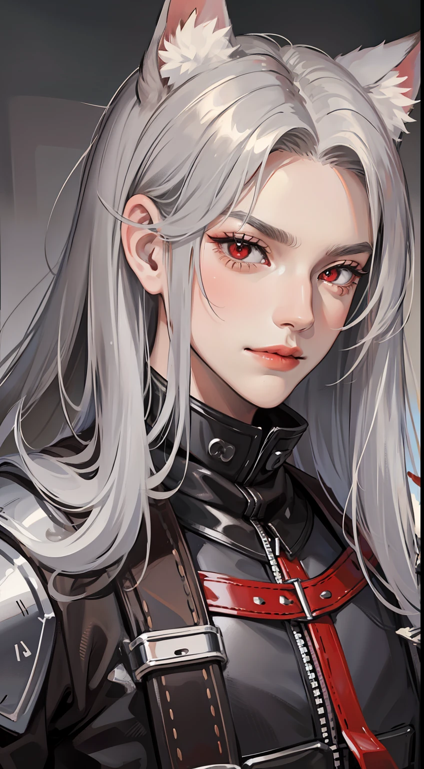 Young guy, long gray hair, red-eyes, brawn, wolf ears, leather armour, smirk, Masterpiece, hiquality