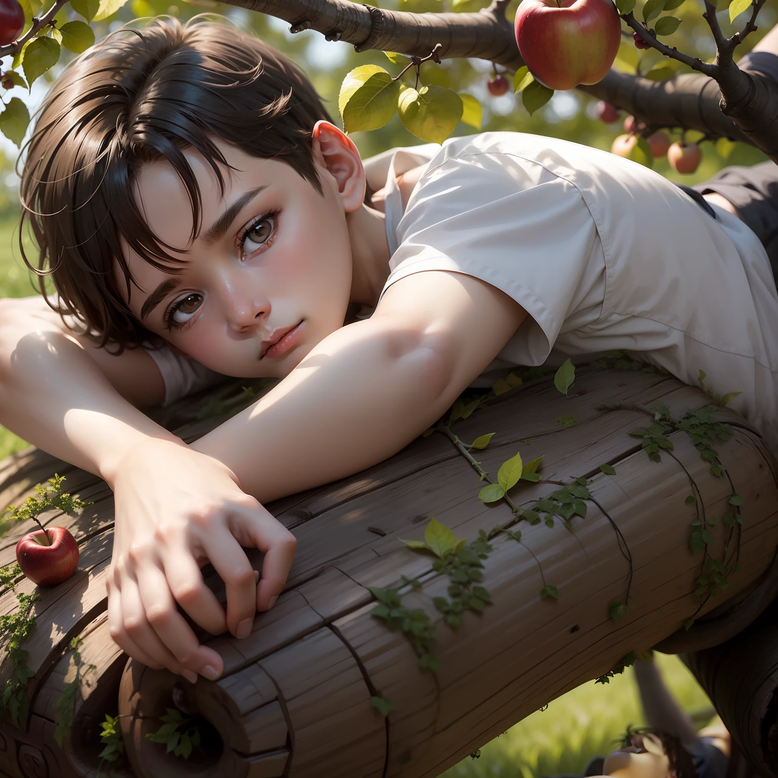 boy lying on the trunk of an apple tree