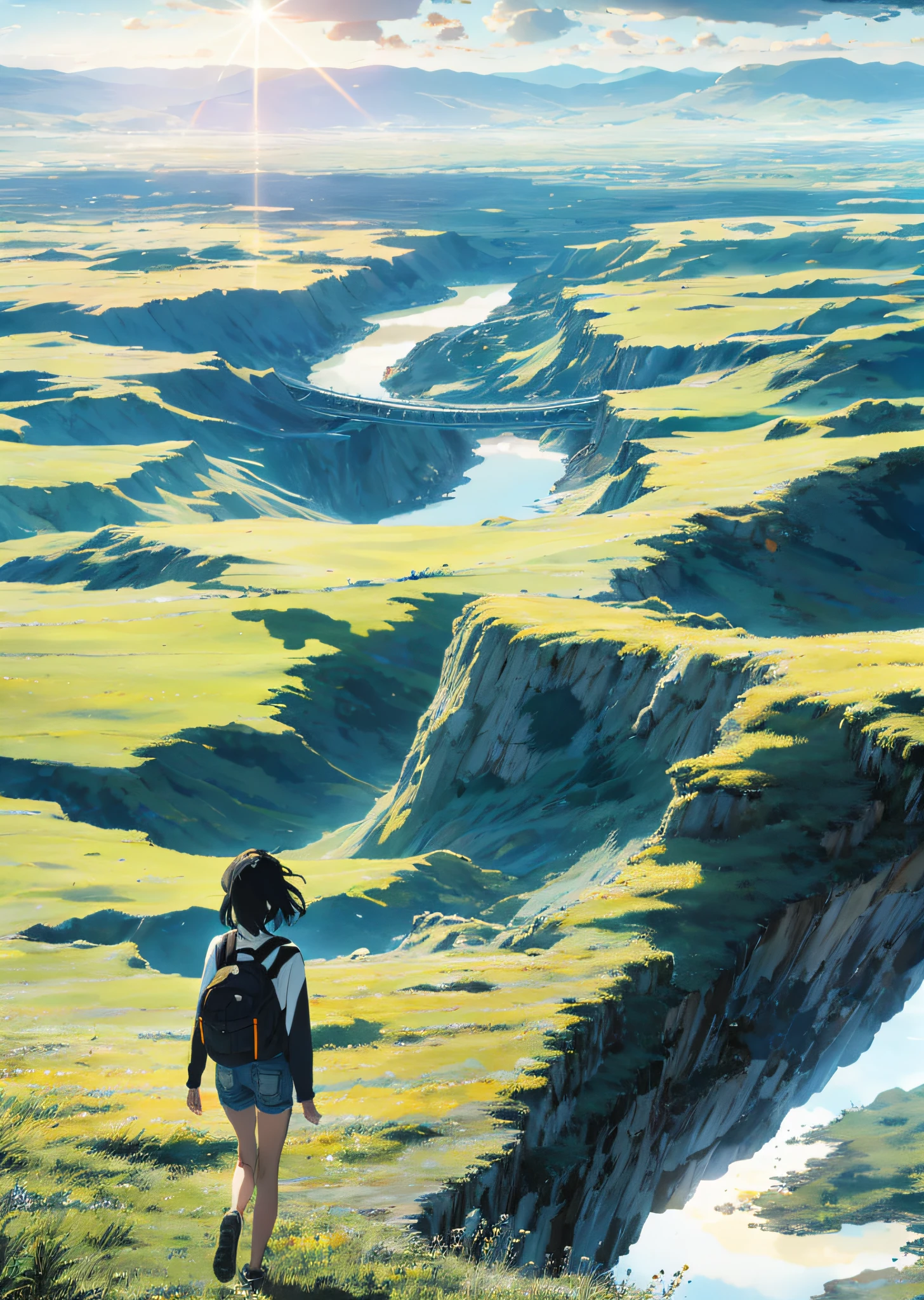 The vast sky, beautiful skyline, large grasslands, extremely tense and dramatic pictures, moving visual effects, the high-hanging Polaris, and colorful natural light. Long-sleeved top, denim shorts, and a girl with a backpack.