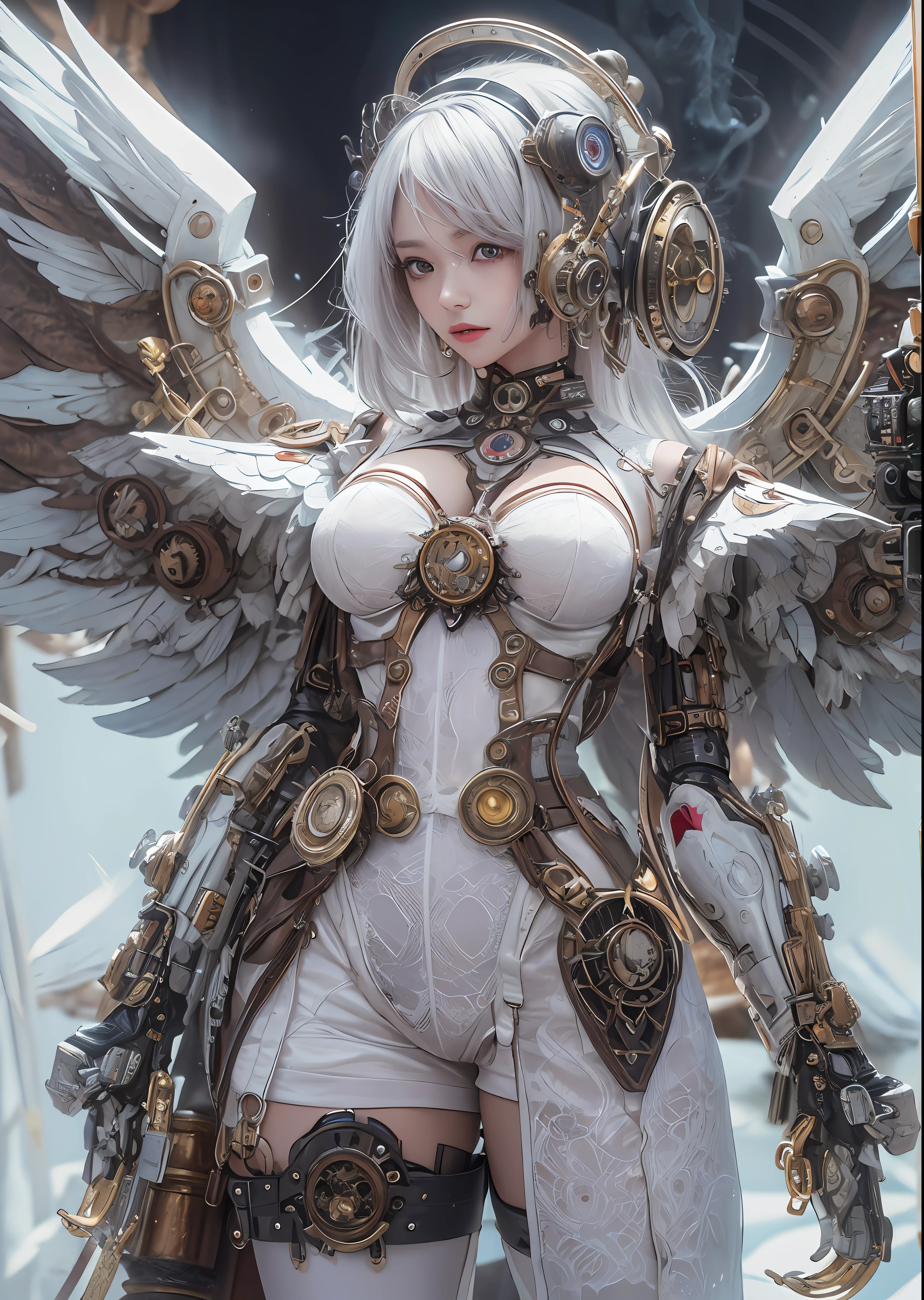 top-quality、​masterpiece、超A high resolution、(Photorealsitic:1.4)、Raw photo、Steampunk Battle Cyborg Angel、large wings made of metal、White porcelain body、Acrylic Clear Cover、white  hair、glowy skin、1 steampunk cyborg girl、((super realistic details))、portlate、globalillumination、Shadow、octan render、8K、ultrasharp、character edge light,Colossal tits、Raw skin is exposed in cleavage、Details of complex ornaments、Details of the steam engine、Hydraulic cylinder、Small LED lamp、highly intricate detail、Gothloli details、Realistic light、a purple eye、radiant eyes、Facing the camera、neon details、cowboy  shot、Futuristic headgear、About steampunk、、