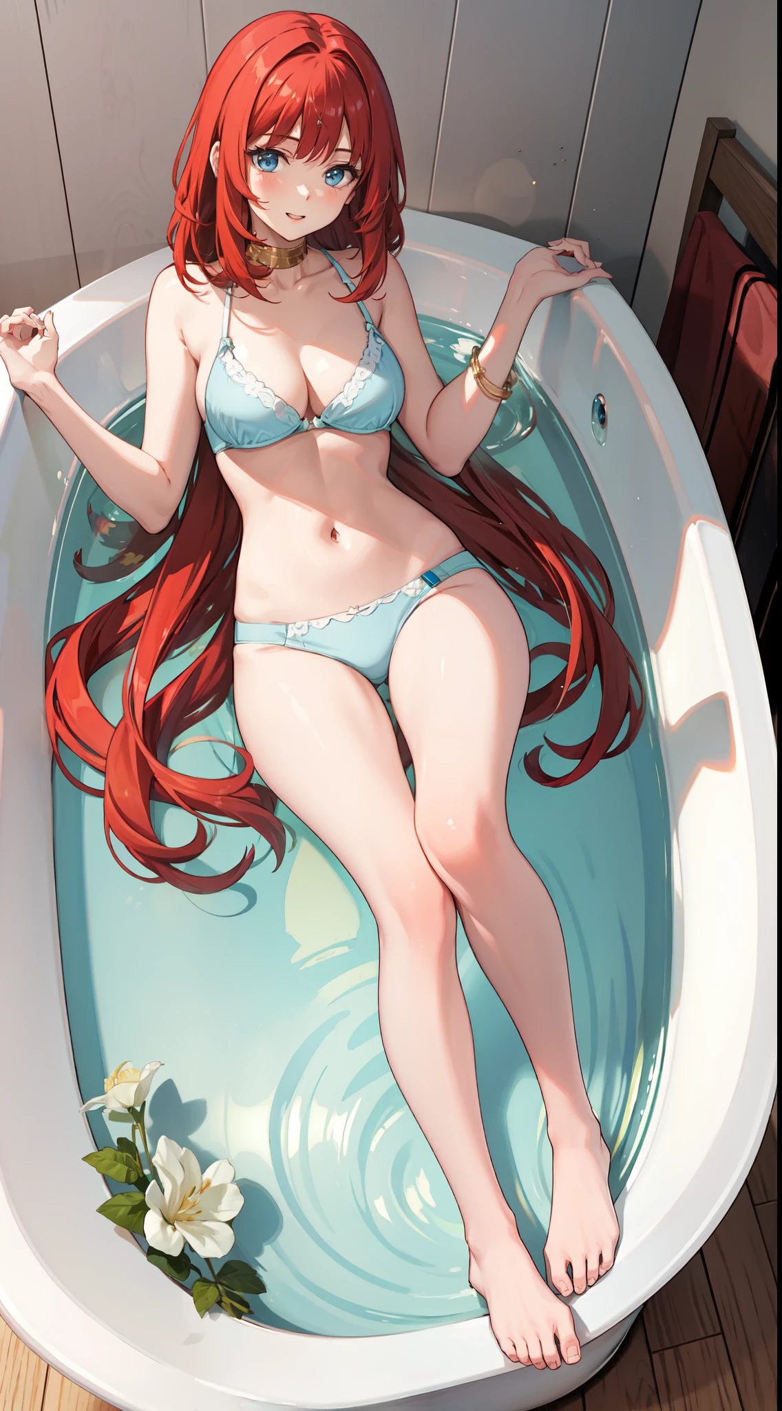 slim legs, blue eyes, nilou, red hair, long hair, mesmerising , medium breast, happy, navel, bathtub, cleavage, hanging breast, lying on the ground