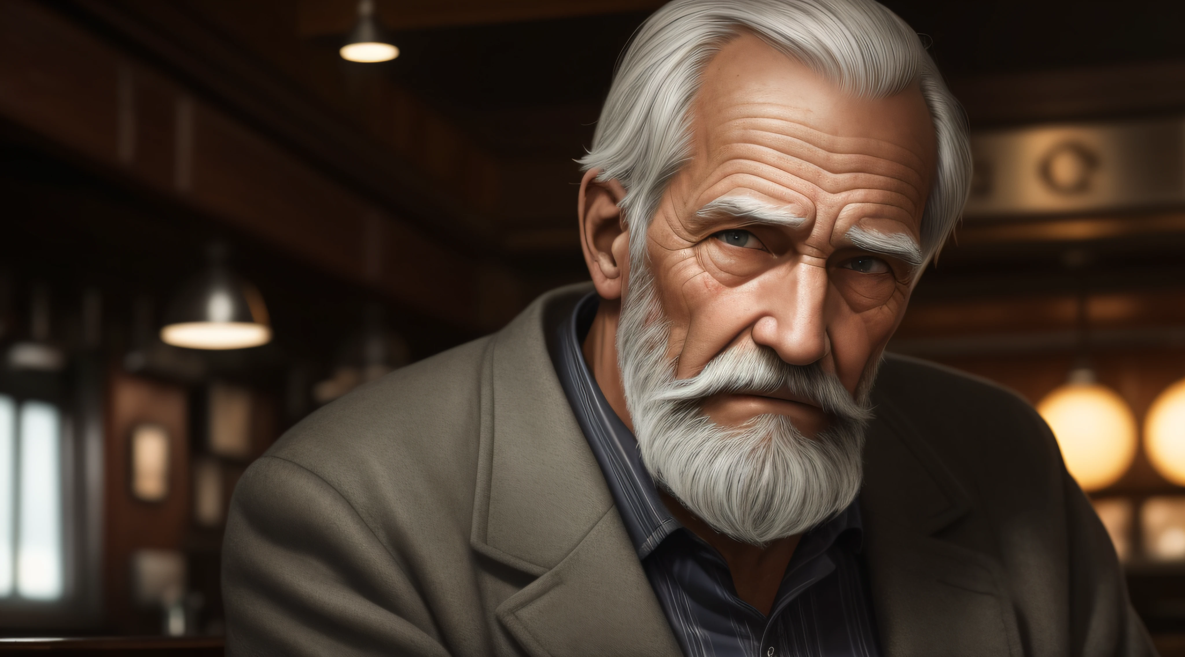 photograph of an old man with wrinkled skin and a grey beard, in an old bar, gloomy, moody, ultra realistic, ultra detailed, photorealistic