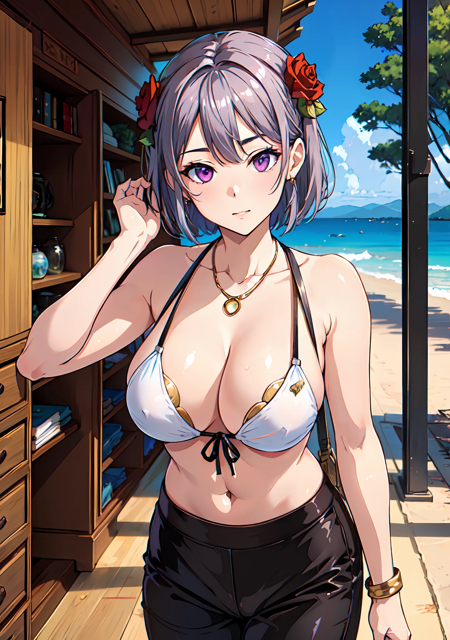 (masterpiece:1.2, best quality), (1lady, solo,(portrait shot)), Clothing: white bikini, strappy sandals, Accessories: shell necklace, Hair: loose beach waves, white hair, short wavy hair, Makeup: natural, glowing skin, Behavior: relaxed, carefree, free-spirited, Location: beach, resort, outdoor festival, purple eyes, average breasts, (beautiful detailed face, beautiful detailed eyes), (sunbeam, sunlight, rose, wind), takeda hiromitsu style